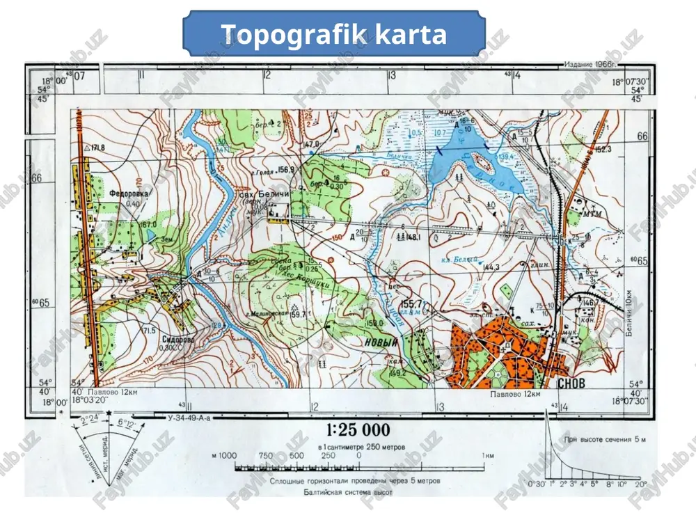 quvuri ake sho'r quduq bosgan _suvining joylar sifati ko'mirning aboli migratsiyasi sifati zichligi * kartografik belgilar, shartli belgilardan mazmunini ken miqdor va sifat ko’rsatkichlariylan-hamda anidqlilik di qilib, kartografiyada legen ia qlgls yuritiladi. * lekin kartada hamma predmetlarning ham aniq o’rnini kartaning masshtabi asosida tasvirlash mumkin emas, chunki ularning egallagan maydoni juda kichik bo'lib, masshtab asosida ko’rsatilsa, o’gish mumkin bo’lmay goladi. shuning uchun bunday predmeilar (tafsilotlar) masshtabsiz belgilar bilan ko’rsatiladi. masalan, temir yo'llar, elektr, telefon simlari, gaz quvurlari va h.k.lar. shartli belgilar. - davlat geodezik tarmoq punktlari - nivelirlash markalari va reperlari axoli punktlari va ularning yozilishi. - shahar mavzelari va shahar tipidagi qishloqlarda yong’inga chidamli binolar - shahar mavzelari va shahar tipidagi qishloqlarda yong’inga chidamsiz binolar - yong’inga chidamli - yong’inga chidamsiz - 2000 dan kam axoli yashaydigan shahar turidagi (0,9-axoli soni minglarda) - 100 dan 500 nafargacha bo’lgan axoli yashaydigan qishloq va dal a xovli tipidagi xo’jaliklar (0,47-axoli soni …