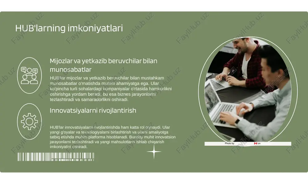 yonlarida birgalikda ishlash orqali yangi yechimlar topish mumkin. photo by priscilla du preez 🇨🇦 on unsplash hub'lar va raqobat afzalliklari hub'lar zamonaviy biznes muhitida raqobat afzalliklarini yaratishda muhim rol o'ynaydi. ularning strategik afzalliklari quyidagilar: 1) katta tarmoq imkoniyatlari - hub'lar ko'p sonli resurslarga ega bo'lib, o'zaro bog'lanishlarni kuchaytiradi; 2) innovatsion strategiyalar - hub'lar yangiliklarni tezkorlik bilan joriy etishga yordam beradi. swot tahlili: 1. kuchli tomonlar: 1) resurslarning kengaytirilishi; 2) kooperatsiya imkoniyatlari. 2. zaif tomonlar: 1) raqobat kuchli; 2) o'zaro bog'lanishlar osonlik bilan buzilishi mumkin. 3. imkoniyatlar: 1) yangi bozorlarni o'zlashtirish; 2) innovatsion mahsulotlar ishlab chiqarish. 4. tahdidlar: 1) bozor sharoitlarining o'zgarishi; 2) texnologik rivojlanishlar bilan raqobat. hub'lar ushbu tahlil yordamida o'z strategiyalarini yanada kuchaytirishi va bozorda raqobatbardoshligini oshirishi mumkin. photo by brooke cagle on unsplash xulosa hublar (innovatsion markazlar) asosiy funksiyalari bilan biznes jarayonlarini rivojlantirishda muhim rol o'ynaydi. ular muammolarni hal qilishda va innovatsiyalarni qo'llab-quvvatlashda yordam beradi. hublar mijozlar va …