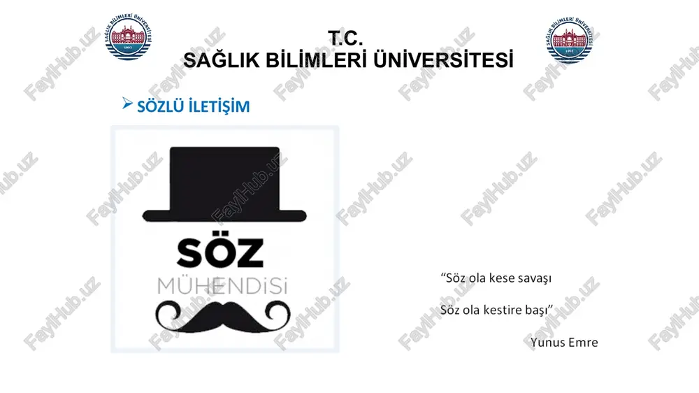 cı, konuyu ilginç kılabilmek için çaba göstermelidir. i̇yi bir konuşma hem ilginç olmalı hem de değerli konuları kapsamalıdır. okumadan, araştırmadan, sorgulamadan yaşamak beraberinde renksizliği ve sıradanlığı da getirir. 18 t.c. sağlik bi̇li̇mleri̇ üni̇versi̇tesi̇ sözlü i̇letişim beden dilini doğru kullanmayı gerektirmesi ses tonu, konuşmanın etkisini güçlendirmesi açısından önemlidir. i̇yi bir ses tonu ve doğru beden dili dinleyicinin dikkatini canlı tutmayı kolaylaştırır. i̇yi bir dinleyici, iletişim kurduğu kişinin yalnız söylediklerini değil, yüzü, eli, kolu ve bedeniyle yaptıklarını da görür. yüz ifadeleri, el kol hareketleri, bedenin konumları ve sesin yükselip alçalmasıyla gönderilen sözsüz mesajlar, iletişimde kullanılan mesajların daha büyük bir bölümünü kapsar. kurulan bir iletişim içerisinde sözlü ifadelerin en iyi biçimde dinleyenlere, izleyenlere ulaşması için beden dili, söylenenler kadar önemlidir. 19 selamlaşma ve tanışma selam vererek konuşmaya başlayın i̇lk karşılaştığınız insanlar var ise kendinizi tanıtın i̇sminizi söylerken hızlı hızlı değil, herkesin tam duyup bir seferde öğreneceği şekilde söyleyin i̇simleri öğrenmeye çalışma kişilere uygun …