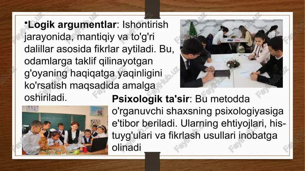 iri bu turli fikrlarni muhokama qilish va suhbat qilishdir. bu jarayonda har bir tomon o'z nuqtai nazarini erkin ifodalashi va boshqa tomonning fikrlarini tinglashi kerak. suhbat davomida o'zaro hurmat va muloqotga asoslangan ishontirish jarayoni, ishonchli natijaga olib keladi. ijtimoiy pedagogikada ishontirish metodi — bu shaxsni yangi fikrlash tarziga yo'naltirish, ijtimoiy qadriyatlar va axloqiy prinsiplarni qabul qilishga yordam berishning samarali vositasi hisoblanadi. bu metod orqali odamlar o'z qarashlarini o'zgartirishi, yangi bilimlarni qabul qilishi va jamiyatda o'z o'rnini topishi mumkin. ijtimoiy pedagogikada ishlatiladigan ishontirish metodining asosiy jihatlari ratsional va emotsional ta'sirlarni uyg'unlashtirish, o'quvchilarga motivatsiya berish va ularning psixologik holatiga moslashishdan iboratdir. xulosa etiboringiz uchun raxmat image5.png image6.png image7.jpeg image8.jpeg image9.jpeg image10.jpeg image11.jpeg image3.png image4.png /docprops/thumbnail.jpeg mavzu: timoiy pedagoikds ishonish meta