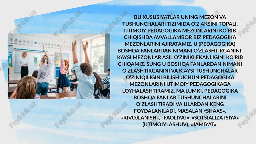 mkin. sharq uygonish davri mugafakkiri ensiklopediyachisi abu nasr forobiy (873-950) 1) pedagogikaning mustaqil fan sifatida ajralib chiqishiga kadar o‘z asarida aytgan ediki, inson tabiatning eng oliy zoti, u atrof muhitni har tamonlama idrok qilishi mumkin. abdulla avloniy (1878-1934) «turkiy guliston yoxud axloq» degan asarida turli shaxs axloqiy hislatlarini tarbiyalashga katta e’tibor beradi. uning asarini o‘zbek tilida yezilgan pedagogika bo‘yicha birinchi darslik dsb hisoblash mumkin. 1)pedagogika mustaqil fan sifatida y.a.komenskiyning «buyuk dedaktika» (xu11 asr) degan asaridan so‘ng ajralib chiqli, unda didaktika prinsiplari va pedagogik jarayon qonuniyatlari aniq tariflangan. ijtimoiy pedagogika mezonlari va prinsiplari, metod va shakllari e’tiboringiz uchun rahmat image1.png image2.png image3.jpeg image4.jpeg image5.jpeg image6.jpeg image7.jpeg image8.jpeg image9.jpeg image10.jpeg image11.jpeg /docprops/thumbnail.jpeg ijtimoiy pedagogika faoliyat turlarining ahamiyati