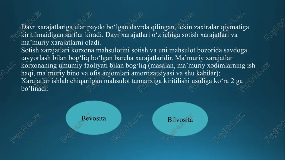 h haqi, bilvosita xarajatlarning o‘zgaruvchan qismi. umumiy o’rtacha 8 yarim o‘zgaruvchan xarajatlar – bir vaqtning o‘zida ularda o‘zgaruvchan va doimiy komponentlar bo‘ladi. bu xarajatlarning bir qismi ishlab chiqarish hajmi o‘zgargan taqdirda o‘zgaradi, bir qismi esa davr davomida o‘zgarmay qoladi, faoliyat hajmiga bog‘liq bo‘lmaydi. masalan, telefon uchun oylik haq abonent to‘lovining doimiy summasi va o‘zgaruvchan qismidan iborat bo‘ladi, o‘zgaruvchan qism shaharlararo va xalqaro telefon orqali gaplashish soni va vaqtiga bog‘liq bo‘ladi. yarim o‘zgaruvchan xarjatlar aralash xarajatlar deb ham yuritiladi. yarim o‘zgaruvchan xarajatlar xarajatlarni to‘g‘ri taqsimlash masalalari agar korxona to‘liq quvvat bilan ishlamasa, qo‘yilgan maqsadga qanday erishish mumkin? ishsiz turib qolishlar 70%ga etganda ishlab chiqarish bilan to‘liq ta’minlanmagan holda xarajatlarni qanday qilib maqbullashtirish kerak? ushbu savollar amalda ishlab chiqarish kompaniyasining har bir mulkdorini tashvishlantiradi. avvalo mazkur masalalarni hal etish uchun e’tiborni xarajatlarni to‘g‘ri rejalashtirish va boshqarishga qaratish lozim. ishni tannarxni shakllantirishni tartibga soladigan me’yoriy-huquqiy hujjatlarni tanlashdan boshlash kerak. 5-son bhms «asosiy vositalar»da …