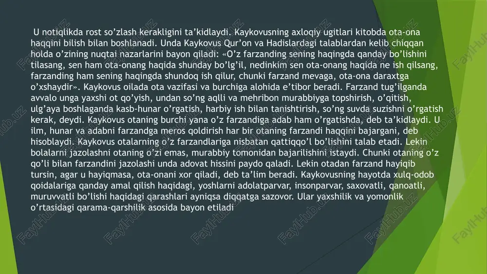 obi hagqni tanimog, payg‘ambarlarning xilgati (yaratilishi), alloh ne’matiga shukur qilmoq haqida bo‘lib, qolgan 40 bobi ota-onani hurmatlash, ilmiy bilimlarni, san’atni egallash, harb, savdo, dehqonchilik ishlari va hunarni o‘rganish, odob-axloq qoidalariga rioya etish, farzand tarbiyasi, saxovat va juvonmardlik kabi ko'‘plab masalalarni o‘z ichiga oladi. asarda hunar va ilm jamiyat taraqqiyotining asosiy omillari deb qaraladi. xi asrning 82-83-yillarida arbiy eron podshohining nabirasi kaykovus ibn iskandar o'z o'g'‘li gilonshohga bag‘ishlab “nasihatnoma’’sini yaratadi va o‘sha davr an’anasiga ko‘ra uni bobosi podshoh shamsul-maoliy qobus sharafiga “qobusnoma” deb ataydi. “qobusnoma” 1860- yilda o'sha davrda hali 16 yoshli shahzoda bo'lgan muhammad rahimxon feruz (1844 -1910) topshirig‘i bilan buyuk shoir va mutafakkir muhammad rizo ogahiy tomonidan birinchi b o’lib o'zbek tiliga tarjima qilingan. “qobusnoma” pand-nasihat tarzida yozilgan bo'lib, mana bir necha asrlardan beri xalqlarni, jumladan yoshlarni ma'naviy hayotga tayyorlashda, ularni har tomonlama etuk inson qilib tarbiyalashda muhim, go'llanma bo'lib kelmoada. f adabiyot muxlisi va shoir bo'lgan qobus arabda …