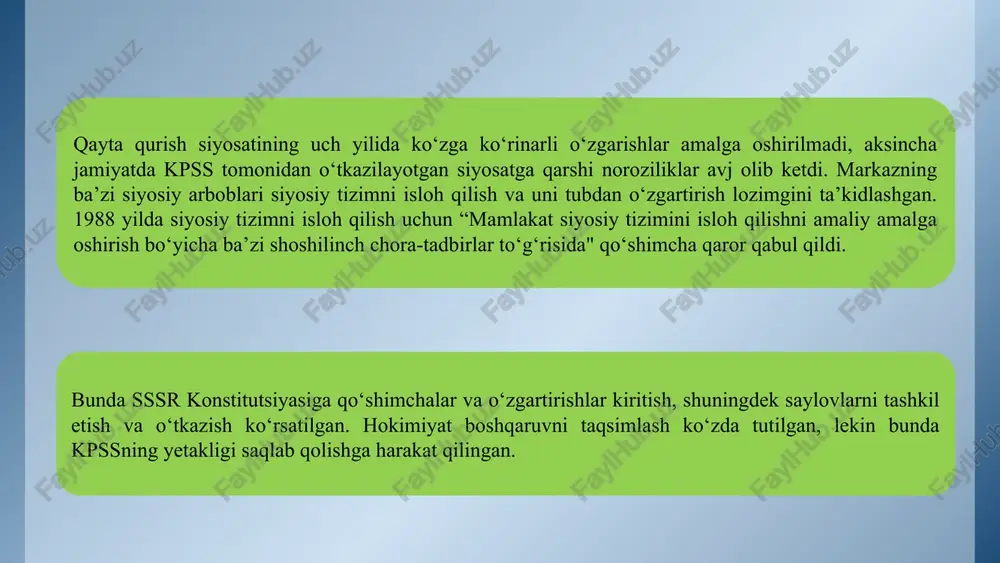 b binosining devorlari esa nurash arafasida edi. paxta yakkahokimligi tufayli uylarning ostonasigacha chigit ekilardi. buning natijasida xalqimizning qadimiy dehqonchilik va chorvachilik madaniyati rivojlanmay qoldi. 9 ijtimoiy-iqtisodiy turg‘unlik yillarida sssrda siyosiy aqidaparastlik yanada kuchaydi. bu yillarda musulmonchilik va millatchilikning barcha ko‘rinishlari yana bir karra “eskilik sarqiti” sifatida qoralandi. bunday hol, ayniqsa, 80-yillarning o‘rtalarida, davlat va jamoat arbobi, o‘zbekiston kommunistik partiyasi markaziy qo‘mitasining birinchi kotibi sharof rashidov vafotidan so‘ng siyosiy hokimiyat tepasiga kelgan i.usmonxo‘jaev ma’muriyati davrida yaqqol sezildi. bu davrda respublika rahbariyati, asosan, markazning “ko‘rsatmasi”ni to‘xtatmasdan bajarish, uni hayotga tatbiq qilish bilan shug‘ullandi, xolos. xalqning taqdiri ijtimoiy-madaniy ahvoli usmonxo‘jaev ma’muriyatini qiziqtirmadi. 10 bu yillarda respublikada ko‘plab masjidlar, madraslar yopib qo‘yildi, ular yana omborxonalarga aylantirildi. diniy marosimlar qat’iy cheklandi, janoza o‘qish, marhumlarni so‘nggi yo‘lga kuzatish va boshqa odatlar ta’qiqlandi. o‘rta osiyo xalqlarining qadimiy, islomgacha mavjud bo‘lgan milliy-an’anaviy bayrami “navro‘z” ta’qib ostiga olindi. go‘yo navro‘zni umumxalq bayrami sifatida nishonlash boshlanganidan bo‘yon respublikada “dinga ishonuvchilar …