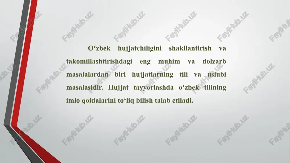 izmat yozishmalari (barcha turdagi xatlar, diplomatik va tijorat yozishmalari, taklifnoma telegramma, telefonogramma, faks) xizmat xatlarining yozilish uslubiga toʻxtalib oʻtamiz: barcha xizmat xatlari rasmiy yozishma boʻlgani uchun maxsus bosma ish qogʻozlariga yoziladi. oddiy qogʻozga yozilgan taqdirda chap tomonining yuqori burchagiga muassasa nomi koʻrsatilgan toʻrtburchak muhr qoʻyilishi lozim. xizmat xatlari ikki nusxada yoziladi va imzolanadi. lavozimi aniq koʻrsatilgan rahbar tomonidan imzolangan xatning 1-nusxasi joʻnatilib, 2-si muassasada qoladi. rasmiy xat matnini yozishda quyidagilarga e’tibor berish lozim: xat qisqa boʻlishi, qoidaga koʻra bir betdan oshmasligi kerak matnda koʻchma ma’noli soʻz va iboralar ishlatilmasligi zarur matn sarlavhasi ikki qatordan oshmasligi kerak matnda xizmat xatining turi, nomi yozilmaydi gapning kesimi 3-shaxs birlik yoki 1-shaxs koʻplik sonda shakllantirilishi lozim muayyan muassasa, tashkilot oldida turgan asosiy va kundalik vazifalarni hal qilish maqsadida buyruq, farmoyish, koʻrsatma kabi farmoyish hujjatlari tayyorlanadi. buyruq ko‘rsatma farmoyish buyruq matni muassasa blankasida yozilib, asoslovchi va farmoyish qismlardan tashkil topadi. asoslovchi qismda buyruqdan maqsad va …