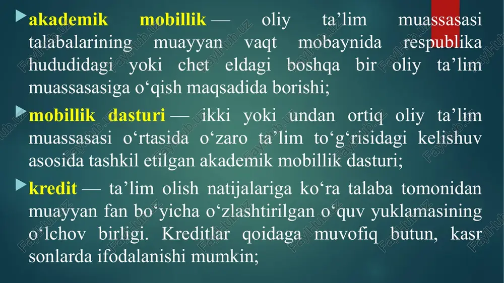 shaxsiy ta’lim trayektoriyasida belgilangan tanlov fanlari doirasida fanlarni mustaqil tanlashi mumkin. o‘quv yili davomiyligi 36 haftagacha bo‘lib, shundan 30 haftasi akademik davrga, 2 haftasi fanlarni tanlash uchun ro‘yxatdan o‘tishga, 4 haftasi attestatsiyalarga ajratiladi. o‘quv yuklamasi bakalavriatda — 40-50% auditoriya soati, 50-60% mustaqil ish soatiga, magistraturada — 30%-40% auditoriya soati, 60-70% mustaqil ish soatiga (malakaviy amaliyot va bitiruv malakaviy ishlari bundan mustasno) bo‘linadi. talaba bakalavriatda o‘qish muddati kamida 3 yil bo‘lganda 180 kredit, o‘qish muddati kamida 4 yil bo‘lganda 240 kredit to‘plashi zarur. magistraturada o‘qish muddati kamida 1 yil bo‘lganda 60 kredit, o‘qish muddati kamida 2 yil bo‘lganda 120 kredit to‘plashi talab etiladi. ta’lim sifatini oshirish va professor-o‘qituvchilar o‘rtasida raqobatni shakllantirish maqsadida oliy ta’lim muassasasi kengashi qaroriga asosan talabalarga fan doirasida professor-o‘qituvchilarni tanlash imkoniyati beriladi. bunda talabalar ta’limni boshqarish axborot tizimi portali orqali o‘quv semestri boshida 1 hafta muddat davomida o‘zi tanlagan professor-o‘qituvchining mashg‘ulotida qatnashish uchun onlayn tarzda ro‘yxatdan o‘tadi. image6.png …
