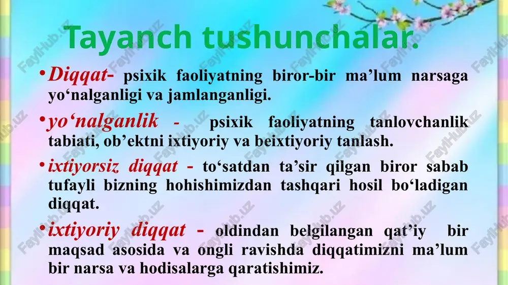 ing etarlicha aniqlik bilan bir vaqtning o‘zida qamrab olishi mumkin bo‘lgan ob’ektlar soni. diqqatning chalg‘ishi-bu diqqatning bir ob’ektdan ikkinchisiga ixtiyorsiz o‘tkazilishi. diqqat xususiyatlarini o‘rganishda parishonxotirlik haqidagi masala muhim ahamiyat kasb etadi. parishonxotirlik deb, odatda, ikki turlicha hodisaga aytiladi. birinchidan, ko‘p hollarda parishonxotirlik deb, insonning atrofidagilarga e’tibor bermasdan, ishga haddan tashqari berilib ketishining natijasiga aytiladi. parishonxotirlikning bu turi u yoki bu faoliyatda kuchli jamlanganlik natijasida yuzaga kelganligi sababli soxta parishonxotirlik deb ataladi. parishonxotirlikning bu turi haqiqiy parishonxotirlik deb ataladi. haqiqiy parishonxotirlikdan aziyat chekuvchi insonning ixtiyoriy diqqati o‘ta beqarorligi va chalg‘ib turishi bilan farqlanadi. diqqat o‘zining rivojlanish bosqichlariga ega. bola hayotining birinchi oylarida faqat ixtiyorsiz diqqatning mavjudligi kuzatiladi. bola dastlab kuchli yoki keskin farq qiladigan tashqi qo‘zg‘atuvchilarni sezadi. uch oylik bo‘lishi bilan bola, hayoti bilan uzviy bog‘liq bo‘lgan ob’ektlar bilan ko‘proq qiziqa boshlaydi. 5-7 oyligida bola etarlicha uzoq vaqt davomida qandaydir jismni kuzatishi, ushlab ko‘rishi, og‘ziga olishi mumkin. ixtiyoriy diqqatning nishonalari, odatda, …