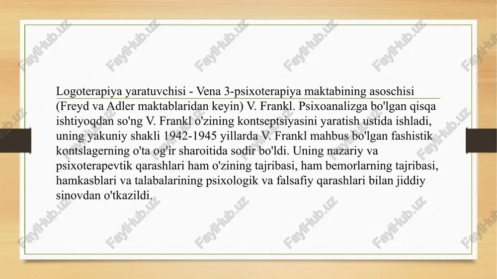 belgilash imkoniyati g'oyasini shakllantiradi. shu nuqtai nazardan, noetik tushunchasi ma'naviy hayotning har qanday turi bilan iroda erkinligini bog'laydiganlarga nisbatan kengroq deb qaralishi mumkin 20-asrning eng ko'zga ko'ringan mutafakkirlaridan biri bo'lgan avstriyalik viktor emil frankl keng jamoatchilikka o'zining zamondoshlari - fromm, xorni, maslou va boshqalardan ko'ra eng shafqatsiz amaliyot - kontsentratsion lagerga qaraganda kamroq tanilgan. frankl yahudiy sifatida fashistlar siyosati qurboniga aylandi. u dachau va osvensim kabi o'lim lagerlarini boshdan kechirdi. aynan o'sha erda u o'zining psixologik yondashuvining to'g'riligini tekshirish imkoniyatiga ega edi, keyinchalik uni logoterapiya deb atagan - (yunoncha logos - ma'no, bilim) - ya'ni terapiya haqida ma'no bor. odatda logoterapiya shaxs nazariyalaridagi gumanistik yo'nalish deb ataladi. biroq, bu butunlay to'g'ri emas, garchi siz o'zingizdan ustun bo'lmasligingiz kerak bo'lsa-da, siz odamning logoterapevtik va gumanistik qarashlari o'rtasidagi farqni mustaqil ravishda baholash imkoniyatiga ega bo'lasiz. inson nazariyasida frankl uchta asosiy pozitsiyadan kelib chiqadi: 1) iroda; 2) ma'no irodasi; 3) hayotning mazmuni. keling, …