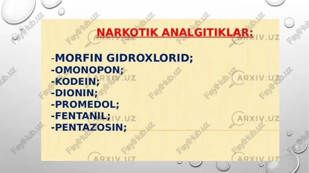 lan kelisha olmaydi, hamda rivojlanmaydi. narkotik modda larni iste’mol qilish avvalambor inson avlodiga salbiy ta’sir etadi. narkotik vosita jinsiy hujayralar rivojlanadigan bezlarga tushib urug‘ni zaharlaydi. bu zaharlash, eng avvalo homilaning nerv sistemasini rivojlantiradigan hujayralariga ta’sir qiladi, buning oqibatida x omilaning nerv sistemasi ishdan chiqadi. e‘tiboringiz uchun raxmat image2.png image3.png image4.jpeg image5.jpeg image6.jpeg image7.jpeg image8.jpeg image9.jpeg image10.jpeg image11.jpeg image12.jpeg image13.jpeg image14.jpeg image15.jpeg image16.jpeg image17.jpeg image18.jpeg image19.jpeg image20.jpeg image21.jpeg image1.png © — oq a narkotik analgitiklar: -morfin gidroxlorid; -omonopon; -kodein; -dionin; -promedol; -fentanil; -pentazosin; ziv aixady ) ‘1oqvlay golyo mainohdanzas‘hsilihss “hsiy,o™ “twdivl ‘10v1,08 ogavd ilvioh vainosas “tovyilavsns vs3 iniyvt1iz.v8 iovlv.9z,00 inyvizwiyvn iz,w@ \ovlvsy.o> yis.wl vo.lvaihkny nvovwiinv9y.o o1.ol iyviwizinvxaw yis,vligvyeig100 ol, do-ilvaisnsnx aisosv (snahdyow isognx hsnl-noan) nisyow ___kodeinva dionin, 2 : morfindan 5-7 kamroq susaytiradi. kodeinda yo'talga qarshi modda sifatida,qo’llaniladi. dionin oftalmologiyada keng ishlatiladi. ko’zda giperemiya keyin anesteziya, og’riqsizlantiriladi, ekssudatni yo’qotadi. trimeperidin. promedol. — us tasirie-morfinga- yaqin “bolalar analgetigi” hisoblanadi. nafasni tpumenepnank unchalik …