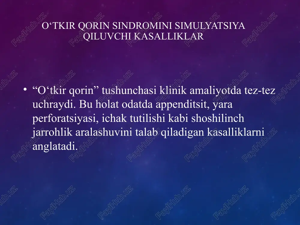 foratsiya: peritoneal tozalash + yara tuzatish xolesistit: cholecystectomy ichak tutilishi: obstruktsiya sababiga qarab jarrohlik 4. antibiotik terapiya peritonit yoki infektsiya xavfi bo‘lsa, broad-spectrum antibiotiklar 5. qo‘shimcha yordam suv-elektrolit balansini tiklash shok va sepsis kuzatuvi simulyatsiya qiluvchi kasalliklar (ichki tizim kasalliklari) davolash yo‘nalishlari: miokard infarkti: kardiologik protokol, aspirin, nitrat, reperfuzion terapiya pnevmoniya: antibiotiklar, kislorod terapiyasi renal kolika: analgetiklar, iv suyuqlik, toshni chiqarish usullari ektopik homiladorlik: shoshilinch ginekologik aralashuv (laparoskopiya yoki medikamentoz ovarian torsion: jarrohlik aralashuvi qo‘shimcha prinsiplar peritoneal belgisi bo‘lmasa — jarrohlik odatda kerak emas davolash laborator va tasviriy topilmalar asosida yo‘naltiriladi bemorni doimiy kuzatish va simptomlar og‘irlashsa jarrohlik konsultatsiyasi zarur xulosa haqiqiy o‘tkir qorin: shoshilinch jarrohlik + simptomatik davolash simulyatsiya qiluvchi kasalliklar: konservativ davolash + asosiy tizim kasalligi bo‘yicha yo‘naltirish fayzimizni bersin! image3.png image4.png /docprops/thumbnail.jpeg toshkent davlat tibbiyot universiteti chirchig filliali