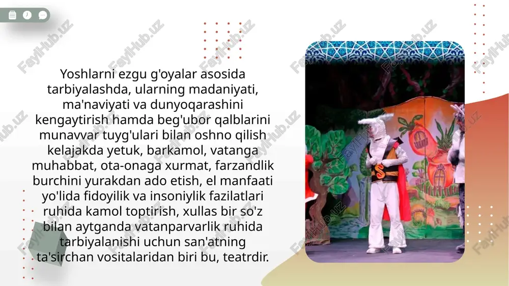 adi. bu jarayonlarda sahnada media vositalaridan keng foydalanish hamda qo'g'irchoq yasash texnologiyalari va boshqarish mexanikalarini dunyoning rivojlangan davlatlaridan o'rganib, qiyosiy tahlil qilgan holda, yangicha usullarni, innovitsiyalarni, jalb etib respublika qo'g'irchoq teatrlariga tadbiq etish muhim ahamiyatga ega, nazarimda. e’tiboringiz uchun rahmat image9.jpeg image10.jpeg image11.jpg image12.jpg image13.jpg image14.jpg image15.jpg image16.jpg image17.jpeg image18.jpg image19.jpg image20.jpg image21.jpg \vectorstock’ vector conss201 /docprops/thumbnail.jpeg