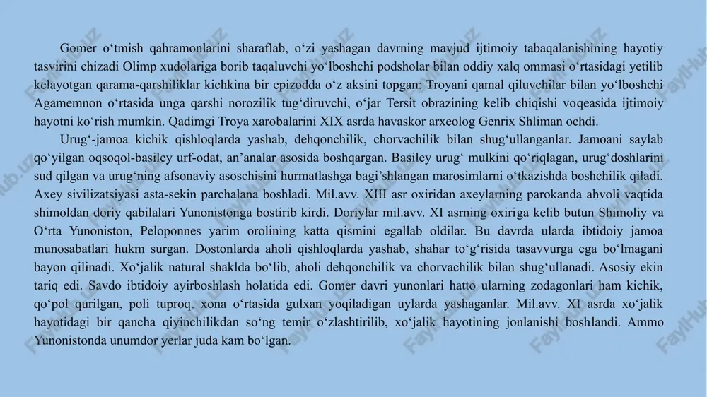 ish imkoniyatiga ega bo‘ldi. shu sababli ekin yer­lari berildi. keyinchalik bu yerlar xususiy bo‘ldi. mil.avv. ix asr oxirida yunon dunyosi dehqonlarni birlashtir­gan yuzlab kichik polis-jamoalardan yoki ular katta-kichik qishloqlardan iborat edi. asosiy iqtisodiy birlik mustaqil xo‘ja­lik yuritish asosida tirikchiligini o‘tkazadigan, oddiy turmush kechirib, tashqi dunyo bilan aloqasi bo‘lmagan patriarxal oila bo‘lgan. yunon dunyosida hali katta yer egalari, yersiz, birovga qaram oilalar, odamlar va jamoa a’zolari yo‘q edi. hunarmandchilikning sohasi bo‘lgan kulolchilikda protogeo­metrik usul shakllandi. dafn marosimlari o‘zgardi. endilikda tuproqqa dafn etish o‘rniga jasadni krematsiya qilish (yoqish) rasm bo‘ldi. bolqon yunonistonidan yuqori darajada rivojlan­gan sharqqa yunonlar kirib kela boshladi. mil.avv. xi asr oxiridan kichik osiyoning g‘arbiy qirg‘og‘ida yunon qo‘rg‘onlari paydo bo‘lib, ularning aholisi eoliy, ioniy va doriy shevalarida so‘zlashgan. 2. yunon polisining shakllanishi. qadimgi yunon jamiyatining iqtisodiy-ijtimoiy, si­yosiy va mafkuraviy tashkilotining asosiy shakli polis edi. polis bu – jamoaning alohida tipi bo‘lib, dehqon va shahar aholisi­ni o‘zida birlashtirgan yerga ishlovchilar – …