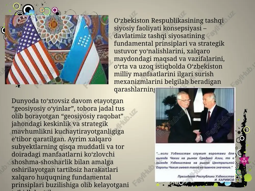‘zbekiston respublikasi tashqi siyosatining bosh ustuvor yo‘nalishi deb markaziy osiyo mintaqasi ko‘rsatilgan. boshqa bir ustuvor yo‘nalish sifatida mdh davlatlari bilan bo‘lgan aloqalar belgilangan. o‘zbekiston tashqi siyosatida ustuvor ahamiyat kasb etadigan yana bir yo‘nalish sifatida jahon siyosiy va iqtisodiy tizimida yetakchi o‘rin tutgan, modernizatsiya jarayonlari uchun kerakli ilg‘or texnologiyalar manbai sanalgan, sanoati rivojlangan g‘arb davlatlari bilan ko‘p qirrali hamkorlikni rivojlantirish ko‘rsatib o‘tilgan. tashqi siyosatimizning asosiy ustuvor yo‘nalishlari qatoriga global siyosat va iqtisodiyotda tobora asosiy o‘rinlardan birini egallab borayotgan osiyo-tinch okeani mintaqasi kiritilgan. image1.gif image2.gif image3.jpeg image4.jpeg image5.jpeg image6.jpeg image7.jpeg image8.jpeg image9.jpeg image10.jpeg image11.jpeg image12.jpeg image13.jpeg image14.jpeg image15.jpeg image16.jpeg image17.jpeg image18.jpeg oe hosp: ™ pca i" oc amn bre! us | wee 2013 grand ewa : in kunsh /docprops/thumbnail.jpeg