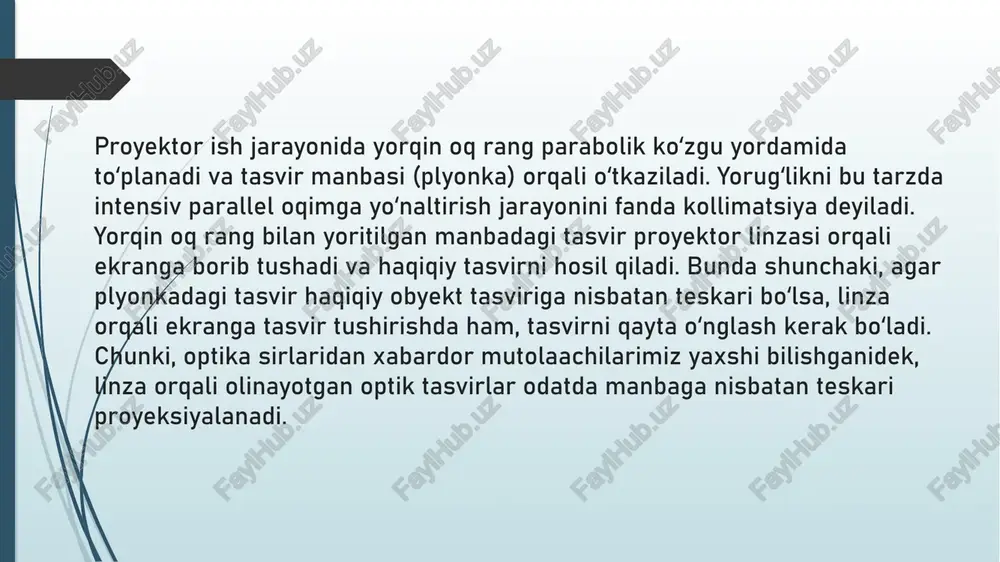rilash), zoom funksiyasi va boshqalarni taklif qiladi. * turli xil texnologiyalar: multimediali proyektorlar turli xil proyeksiya texnologiyalaridan foydalanishlari mumkin, jumladan lcd, dlp, lcos va lazer texnologiyalari. har bir texnologiyaning o'zining afzalliklari va kamchiliklari bor. multimediali proyektorlarning qo'llanilishi: multimediali proyektorlar turli xil sohalarda keng qo'llaniladi, jumladan: * taqdimotlar: biznes taqdimotlari, konferensiyalar, seminarlar va boshqalar. * o'qitish: sinflarda darslarni o'tkazish, videolarni namoyish qilish. * uy kinoteatri: filmlarni va videolarni tomosha qilish. * o'yinlar: o'yin konsollarini va kompyuterlarni ulash. * ko'rgazmalar: mahsulotlarni va xizmatlarni namoyish qilish. proyektorlar taqdimotlar, filmlar tomosha qilish, o'yinlar o'ynash va boshqa ko'pgina maqsadlar uchun ishlatiladi. qaysi proyektorni tanlash kerak, maqsad va byudjetga bog'liq. multimediali proyektorlarni tanlashda sizning ehtiyojlaringiz va byudjetingizni hisobga olish kerak. yuqorida keltirilgan xususiyatlarni va ularning qo'llanilishini diqqat bilan o'rganish sizga mos keladigan proyektorni tanlashga yordam beradi. e’tiboringiz uchun rahmat! image1.jpeg image2.jpeg image3.jpeg image4.jpeg image5.jpeg image6.jpeg image7.jpeg image8.jpeg eof /docprops/thumbnail.jpeg us eyo webefeq unyon yen hepes stuteproj …