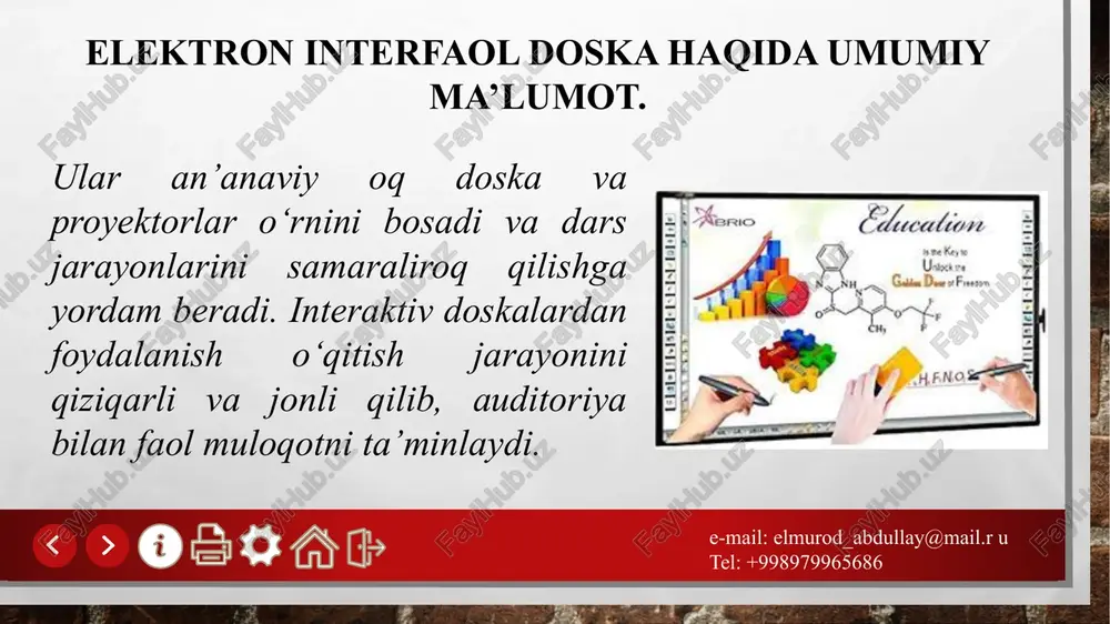 ail.r u tel: +998979965686 tavsif: infraqizil nur yordamida ishlaydi. maxsus infrared senzorlar panelning atrofida joylashgan va ular sensorli harakatlarni aniqlaydi. afzalliklari: odatda arzonroq bo‘ladi va bir necha foydalanuvchi ishlatishi mumkin. shuningdek, katta hajmdagi doskalarda ham qo'llaniladi. qo'llanishi: keng sinfxonalar, o'quv markazlari va katta majlis zallari. 3. ultratovushli interaktiv doskalar e-mail: elmurod_abdullay@mail.r u tel: +998979965686 tavsif: ultra tovush texnologiyasi infraqizil va lazerli datchiklar yordamida teginishlarni aniqlaydi va ular orqali aniqlangan harakatlar elektron tizimga yuboriladi. afzalliklari: rasm, video, hujjatlar va grafikalarni bir vaqtning o‘zida ishlatishga imkon beradi, bu ta’lim va ish jarayonlarini boyitadi. qo'llanishi: sinf xonalari, ofislar va taqdimot xonalarida keng qo‘llashga mo‘ljallangan joylarda. 4. elektromagnit interaktiv doskalar e-mail: elmurod_abdullay@mail.r u tel: +998979965686 maxsus elektromagnit maydon yordamida ishlaydi, bu maydon faqat maxsus qalam yoki ruchka yordamida aniqlanadi. afzalliklari: ancha aniq va ko‘p vazifali funksiyalarga ega. asosan ta'lim va biznesda, maxsus rasm yoki grafika ishlash talab qilingan joylarda ishlatiladi. qo'llanishi: arxitektorlar, dizaynerlar, muhandislar …