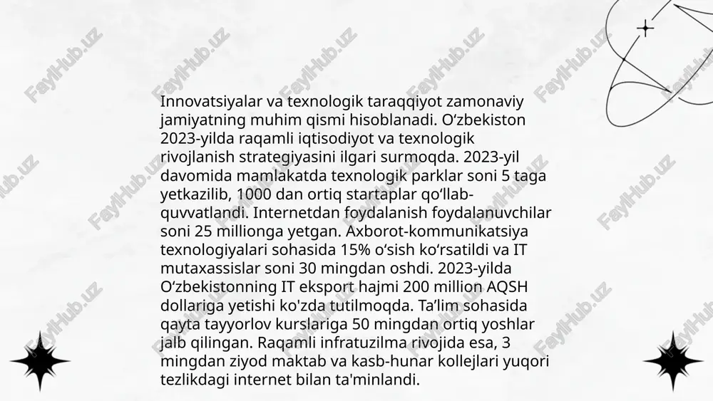 i yaxshilash maqsadida o'zbekiston bojxona stavkalarini pasaytirishni ko'zlamoqda, bu esa investitsiyalarni jalb qilish va eksport hajmini oshirishga yordam beradi. bundan tashqari, xitoy, rossiya va yevropa ittifoqi mamlakatlari bilan savdo aloqalari rivojlantirilmoqda. ushbu siyosatlar mamlakatning iqtisodiy barqarorligini mustahkamlashga qaratilgan. (oesd) organisation for economic sooreration and devolorment - iqtisodiy hamkorlik va taraqqiyot tashkiloti) ismoilova dilafruz e'tiboringiz uchun raxmat! image1.png image2.png image3.png /docprops/thumbnail.jpeg