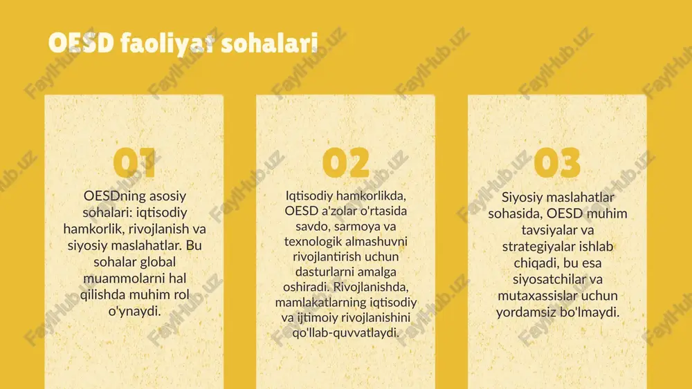 lot yangi texnologiyalarni qo'llab-quvvatlaydi, ilm-fan va tadqiqotlarni moliyalashtiradi, yoshlar va startaplarni rivojlantirishga yordam beradi. innovatsion iqtisodiyotning rivojlanishiga hissa qo'shadi, masalan, energiya tejovchi texnologiyalar va raqamli iqtisodiyot loyihalarini qo'llab-quvvatlaydi. bu bilan oesd iqtisodiy o'sishni va barqaror rivojlanishni ta'minlaydi. photo by jaredd craig on unsplash oesd va barqaror rivojlanish oesdning barqaror rivojlanish maqsadlari va strategiyalari iqtisodiy o'sish, ijtimoiy adolat va ekologik muvozanatni ta'minlashga qaratilgan. bu tashkilot ilg'or siyosatlarni ishlab chiqish va amaliyotga joriy etish orqali barqarorlikni ta'minlashda muhim rol o'ynaydi. photo by sven brandsma on unsplash oesdning kelajakdagi istiqbollari oesdning kelajakdagi istiqbollari raqamli iqtisodiyot va barqaror rivojlanishga qaratilgan strategiyalarni o'z ichiga oladi. yangi tashabbuslar davlatlar o'rtasida savdo va sarmoyani oshirish, texnologik innovatsiyalar va inson kapitalining rivojlanishiga turtki bo'ladi, bu esa iqtisodiy hamkorlikni mustahkamlashga yordam beradi. photo by illán riestra nava on unsplash oesd a'zolari va ularning imkoniyatlari oesd a'zolari keng va xilma-xil mamlakatlardan iborat bo'lib, ularning iqtisodiy va siyosiy imkoniyatlari turlicha. bu …