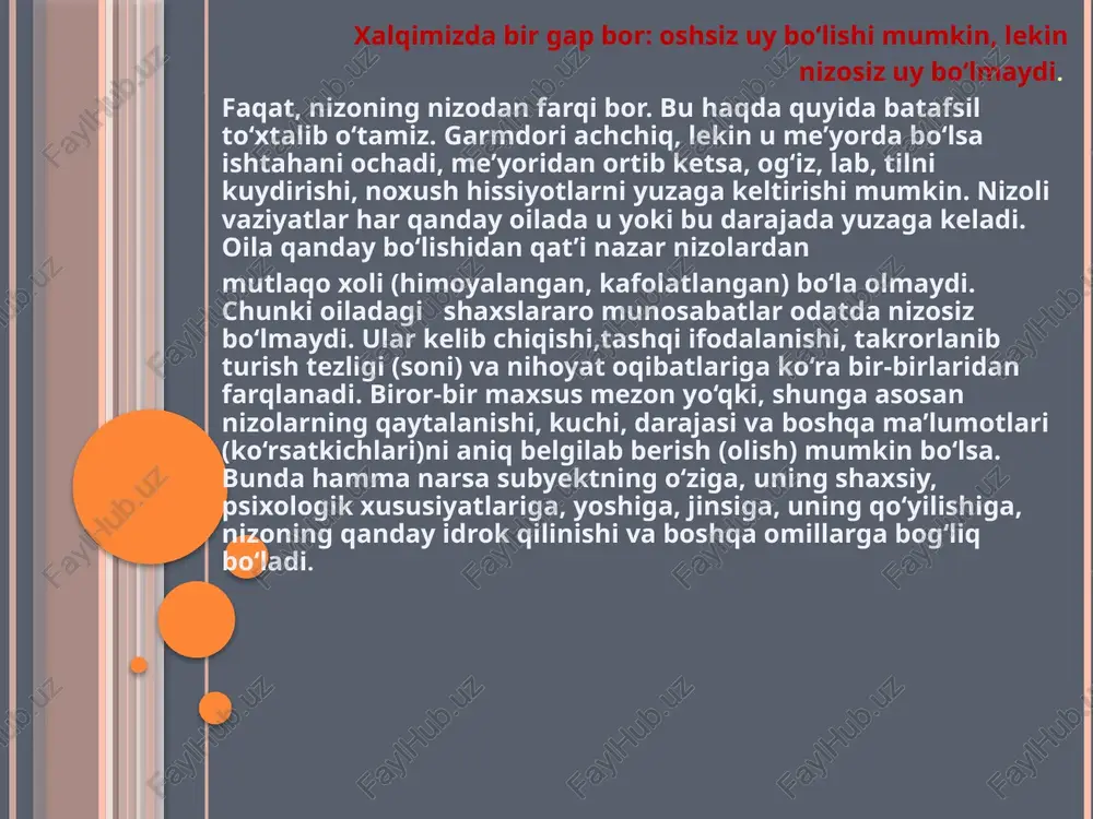 atlari mavjuddir. bu xususiyatlar oilalarning buzilishiga olib keladigan sabablar, ularning amalga oshish jarayoni, oqibatlari, ajralishgacha va undan keyingi davrlardagi er-xotinlarning ahvoli kabilarda ifodalanadi. ajralish va uning oqibatlari ajralishlarning o‘ziga xos ijtimoiy-psixologik va etnopsixologik xususiyatlari mavjuddir. bu xususiyatlar oilalarning buzilishiga olib keladigan sabablar, ularning amalga oshish jarayoni, oqibatlari, ajralishgacha va undan keyingi davrlardagi er-xotinlarning ahvoli kabilarda ifodalanadi. sharq oilalarida, ayniqsa o‘zbek va qishloq oilalarida ajralish tashabbuskori ko‘proq erkaklar bo‘ladilar va aksincha, yevropa xalqlari oilalarida, yosh oilalarda va urbanizatsiyalashuv darajasi yuqori bo‘lgan shahar oilalarida ajralish tashabbuskori ko‘proq ayollar bo‘ladi. yevropa xalqlariga mansub bo‘lgan yosh oilalarda ozodlik quyidagi formula tarzida bo‘lishi mumkin. ayollar uchun: ajralish = ozodlik + bola + aliment uy + yolg‘iz onalarga beriladigan imtiyozlar + yangi oila qurish muammosi. erkaklar uchun: ajralish = ozodlik bola aliment uy + yangi oila qurish imkoniyati. agar ajralishlarning ayol va erkakka ko‘rsatadigan asosiy ta’sirlarini sanaydigan bo‘lsak, ular quyidagicha bo‘ladi: jamiyat uchun — noto‘liq oilalar …