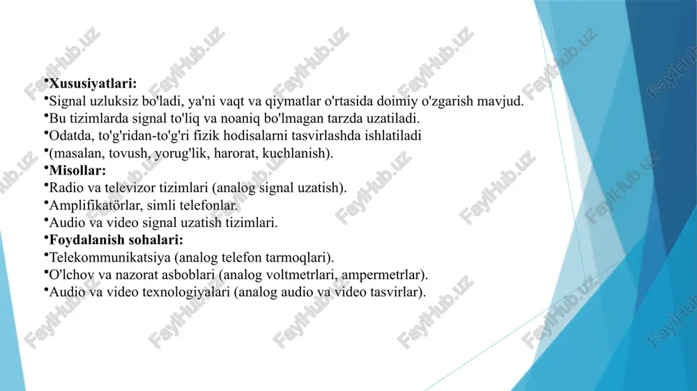 age3.png amplitude > time xususiyatlar signal turi signal uzatish aniqlik masofa soerceww ishlash darajasi foydalanish sohalari analog tizimlar uzluksiz signal signal to'liq, o'zgaruvchan va uzluksiz signalning anigligi kamroq, shovginga sezgir uzoq masofalarda signal yo'qolishi mumkin foydalanish va boshgarish qiyinroq kam samarali, uzluksiz signalni ishlash uchun ko'p kuch talab qiladi audio, video, radiotexnika, elektr energiyasini nazorat qilish diskret signal (0 va 1) signal raqamlar yordamida uzatiladi yugori aniqlik va ishonchlilik uzoq masofalarga signalning yo'golishi kamroq oson boshqarish va avtomatlashgan tizimlar samarali va tezkor, yugori tezlikda ishlash kompyuterlar, tarmog texnologiyalari, ragamli aloga /docprops/thumbnail.jpeg anolon davlat universitet! {taniniring! farultet! ki: at-servis yo"nalishi |-bosqich 303-gurum talabas copktamov bexzodjonning raqmali tuzilmalarn loyimalashga kirish fanidan tayyorlagan, ‘mustaqilishi