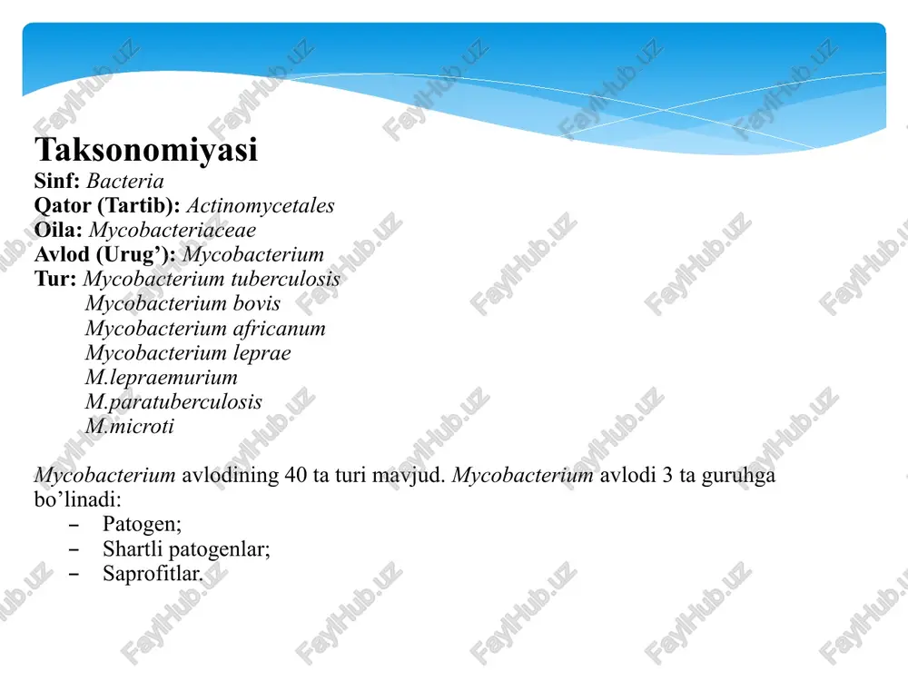 lan emlashning samaradorligini, emlash kerak bo'lgan shaxslarni ajratishga ko'maklashadi. 8 sil bilan og‘rigan bemorlarni o‘z vaqtida aniqlab, dispanser hisobiga olinadi. kasallikni profilaktika qilishda odamlarni aktiv ravishda immunlash ham katta ahamiyatga egadir. fransuz olimlari kalmett va geren tomonidan qoramolga xos tipdagi sil mikobakteriyalarini 13 yil davomida glitserinli kartoshkali ozuqa muhitida o‘stirib, olingan tirik vaksina bsj da foydalaniladi (lotincha bcg-bacilla calmette-guerin). bu vaksina chaqaloq chap yelkasining tashqi yuzasidagi teri orasiga yuboriladi. 7 va 15-16 yoshda revaksinatsiya qilinadi. sil kasalligining profilaktikasi moxov (lepra) xususiyatlari: bu kasallik juda qadimdan ma’lum. ayrim tarixiy qo'lyozmalarda ta’kidlanishicha miloddan 3500-3000-yil avval ham moxov misrda uchragan. «moxov» arabcha -yo'q qilish yoki «chetlatish», «izini yo‘qotish» kabi ma’nolarni anglatadi. qadimgi arab xalifaligida bu kasallikni yana «juzom» deb ham atashgan. bu ushbu xastalik oqibatida bemor a’zolari irib tushib ketadi degan ma’noni bildiradi. moxov kasalligi yevropa davlatlarida ≪lepra≫ deb yuritiladi va bu nom dunyo tibbiyot tiliga (lepra) umumnomenkulaturaga kiritilgan. qo’zg’atuvchi 1874-yilda xansen tomonidan …