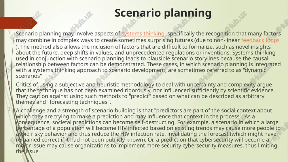 ing is as much art as science, and prone to a variety of traps (both in process and content) as enumerated by paul j. h. schoemaker. more recently scenario planning has been discussed as a tool to improve the strategic agility, by cognitively preparing not only multiple scenarios but also multiple consistent strategies. futurology is an interdisciplinary field that aggregates and analyzes trends, with both lay and professional methods, to compose possible futures. it includes analyzing the sources, patterns, and causes of change and stability in an attempt to develop foresight. around the world the field is variously referred to as futures studies, futures research, strategic foresight, futuristics, futures thinking, futuring, and futurology. futures studies and strategic foresight are the academic field's most commonly used terms in the english-speaking world. foresight was the original term and was first used in this sense by h.g. wells in 1932. "futurology" is a …