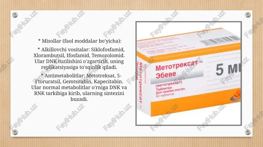 ngan. ba'zilari profilaktik (masalan, hpv vaksinasi bachadon bo'yni saratonining oldini olish uchun), ba'zilari davolovchi (masalan, sipuleucel-t prostata saratoni uchun). * onkolitik viruslar: genetik jihatdan o'zgartirilgan viruslar bo'lib, ular saraton hujayralarini yuqtiradi va yo'q qiladi, shu bilan birga immun javobni ham rag'batlantiradi. masalan, talimogene laherparepvec (t-vec, imlygic) melanoma uchun. * qo'llanilishi: melanoma, o'pka saratoni, buyrak saratoni, qovuq saratoni, limfomalar va boshqa bir qator saraton turlarida samarali. * asosiy nojo'ya ta'sirlari: charchoq, teri toshmalari, qichishish, isitma, diareya. ba'zida immun tizimining sog'lom to'qimalarga hujum qilishi (autoimmun reaksiyalar) mumkin, bu jiddiy bo'lishi mumkin (pnevmonit, kolit, gepatit, endokrinopatiyalar). gormonoterapiya preparatlari: ba'zi saraton turlari o'sishi uchun gormonlarga bog'liq bo'ladi (masalan, ko'krak bezi va prostata bezi saratoni). gormonoterapiya bu gormonlarning ishlab chiqarilishini to'xtatadi yoki ularning saraton hujayralariga ta'sirini bloklaydi. * mexanizmi: gormonlar retseptorlarini bloklaydi yoki gormonlar sintezini kamaytiradi. * misollar: * ko'krak bezi saratoni uchun: * tamoksifen: estrogen retseptorlarini bloklaydi. * aromataza ingibitorlari (anastrazol, letrozol, eksemestan): postmenopauzadagi …