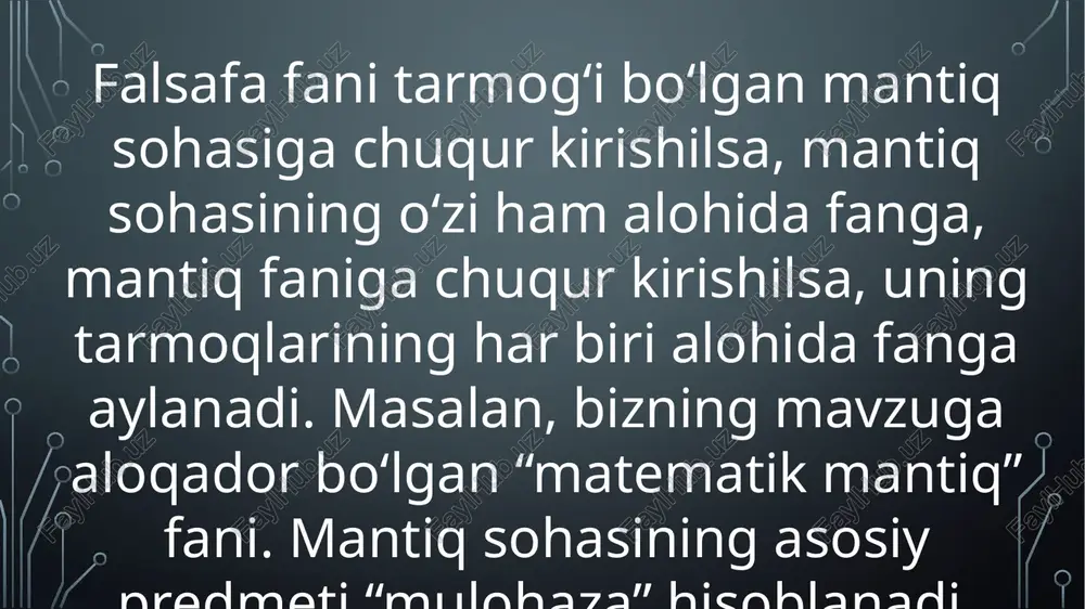 avtomatlarning barcha ish faoliyatini boshqarib turadi. rele-kontakt va elektron sxemalarni analiz va sintez qilishda mulohazalar algebrasi muhim ahamiyatga ega. har qanday sxemaga mulohazalar algebrasining biror formulasini mos qo‘yish mumkin. va aksincha, mulohazalar algebrasining har bir formulasini rele - kontakt sxema (rks) orqali ifoda qilish mumkin. rks bilan mulohazalar algebrasining formulalari orasidagi bunday munosabat murakkab rks larni mulohazalar algebrasining formulalari yordamida soddalashtirish imkoniyatini beradi. 3. fanning sohalarda qo‘llanilishi. k155iv1 shifratori. y2=x4+x5+x6+x7; y1=x2+x3+x6+x7; y0=x1+x3+x5+x7. k155iv1 shifratorining holat diagrammasi: foydalanilgan adabiyot: abduxoliq yunusov – “matematik mantiq va algoritmlar nazariyasi elementlari”. e’tiboringiz uchun rahmat! image2.png image3.png image4.png image5.png image6.png image7.png image8.png image9.png image10.png image11.png image12.png image13.png image14.png image15.png image16.png image17.png image18.png image19.png image20.png image21.png image22.png image23.png x1vx2 x2 xt x1ax2 x2 xt uppuinu cuumozduo/al [[rolsyo a bec tes zuus[l ow i xe, pp[oap] inca agar nar sir o'zgaruveni, inkori nam nisoplanganda, “fr” formulacda pir martadan ortig, qatnasnmesa, “to’g’rl”, karmida dir marta ejcineshsel “o'ligy”, fact …