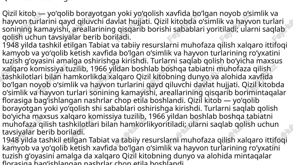 amoat tashkilotlari, ayrim olimlar tavsiya qilishi mumkin. muhofaza qilinishi natijasida oʻz arealini qaytadan tiklagan va yoʻqolib ketish xavfi tugʻilmaydigan oʻsimlik va hayvon turlari qizil kitobdan chiqariladi. qizil kitobga kiritilgan turlar davlat qonuni asosida muhofaza qilinadi; uni buzgan yuridik va jismoniy shaxslar qonunga muvofiq javobgarlikka tortiladi qo’riqxona nima? qo’riqxona- bu akvatoriya yoki territoriya, xo’jalikdan butunlay ajratiigan yer maydoni bo’lib hisoblanadi. qo’riqxonalar- tabiatning ilmiy laboratoriyalari bo’lib, u erda tabiat rivojlanish qonuniyatlarining murakkab tekshirishlari va kuzatishlari o’tqaziladi. qo’riqxonalarda ayrim hayvon zotlari va o’simlik turlari o’rganiladi, hamda bu yerda insonning har qanday ta’siri umuman ta’qiqlanadi. o’zbekistonda, birinchi qo’riqxona- 1929 yilda turkistonning ğarb qismida tashkil qilingan bo’lib, 8000 gektar (ga) maydoniga ega. keyinchalik yer maydoni 15600 ga kengaytirilgan. u hozirda zomin nomini olgan. ikkinchi qo’riqxona — 1941 yilda_orol daryosi qirğoqlarida tashkil etilgan bo’lib, 300000 gektar (ga) maydoniga ega. uchinchi qo’riqxona — 1947 yilda toshkent oblastiningohangaron va parkent tumanlari atrofida tashkil qilingan bo’lib, maydoni 22000 gektardan …