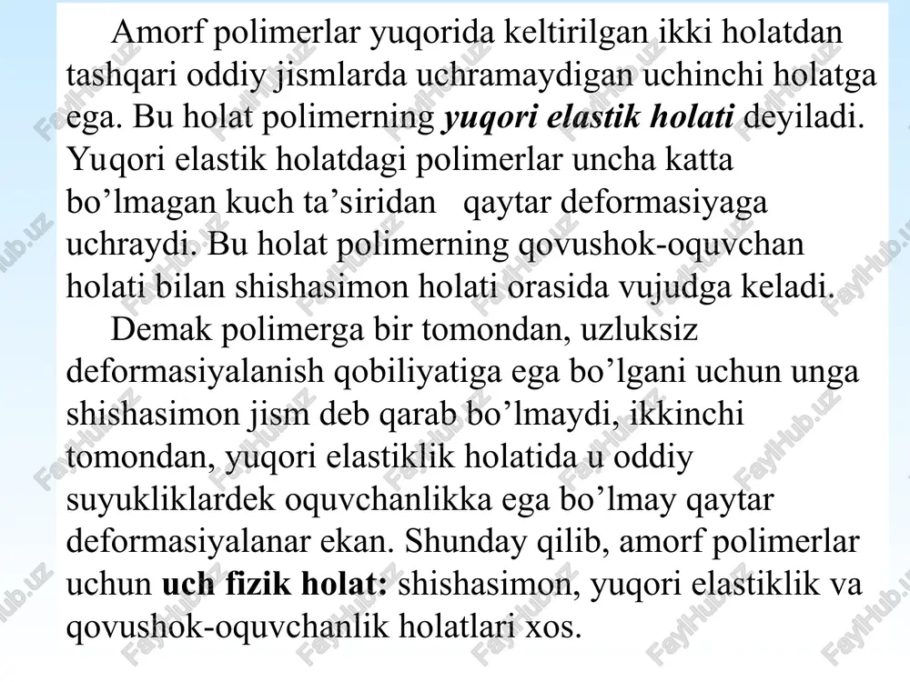 ’lumki, qovushoq-oquvchanlikning aktivlik energiyasi kancha ko’p bo’lsa, segment shuncha katta va makromolekulaning zgiluvchanligi shu qadar kam bo’ladi. relaksasion hodisalar vaqt oralig’ida muvozanatga keluvchi prosesslar relaksion prosesslar deb ataladi. muvozanat holatdagi sistema tashqi kuch (mexaniq elektr, magnit) ta’siridan yangi holatga o’tishi ma’lum. agar dastlabki muvozanat keyingi muvozanat holatiga bir zumda o’tsa, bunda sistemaning muvozanat xolati deyarli buzilmaydi. bunda mu­vozanat tashqi kuch o’zgarishidan orqada qolmaydi. ammo real hollarda dastlabki holatdan keyingi holatga o’tish uchun ma’lum vaqt talab qilinadi. shuning uchun tashqi kuch ta’siri vaqti sistemaning o’tar holati vaqtiga nisbatan juda oz bo’lgandagina muvozanat buzilmaydi deyish mumkin. agar o’tar holat vaqti, tashqi kuch ta’sir qilib turim vaqtidan katta bo’lsa, dastlabki va so’nggi muvozanatlardan tashqari yana bir qator muvo-zanatsiz oraliq holatlar ham bo’ladi. bunda sistema turli vaqtlarda turli xossalarga ega bo’lganidan relaksasion hodisalar kuzatiladi. p o l i m e r l a r n i n g a g r e g a …