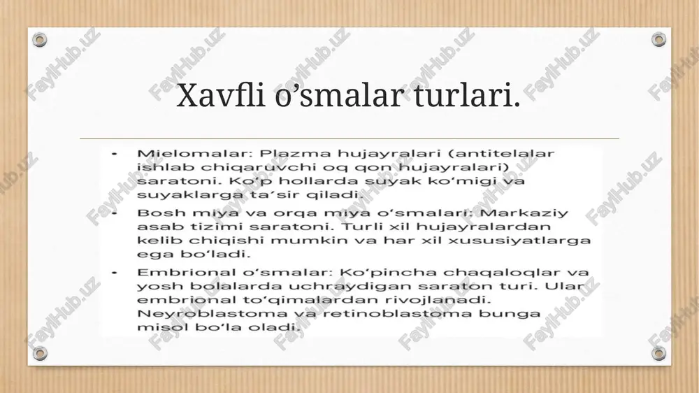 lik qulay sharoitda xavfli turga aylanadi. mana shu davrda xavfli o‘smalarning dastlabki simptomlari paydo bo‘lishi mumkin. shuning uchun kasallikni ushbu bosqichda aniqlash maqsadga muvofiqdir. simptomlari. xavfli o‘sma kasalliklarining asosiy klinik simptomlari: mahalliy (tugunli o‘smaning aniqlanishi, o‘choqli o‘zgarishlar, o‘smadan qon ketishi, yaralanishi, undan turli ajralmalarning hosil bo‘lishi, og‘riq, boshqa a’zolar faoliyatining buzilishi va boshqalar; umumiy (tana harorati ko‘tarilishi, varaja, terlash, uyqusizlik, kaxeksiya, havo yetishmasligi, qorinda og‘riq, qorin va ko‘krak bo‘shlig‘ida suyuqlik yig‘ilishi va boshqalar); o‘smaning metastatik zararlanish simptomlari (patologik sinish, og‘riq sindromi, havo yetishmasligi, qorin va ko‘krak bo‘shlig‘ida suyuqlik yig‘ilishi, ichki a’zo faoliyatining buzilishi, nevrologik buzilish va boshqalar). davolash. agar o'sma hayot uchun muhim bo‘lgan aʼzolar(jinsiy aʼzo, boshdagi liqildoq, ko‘z, burun, og‘iz) yaqinida joylashgan bo‘lsagina unga muz yordamida mahalliy taʼsir ko‘rsatish mumkin. xavfsiz o‘smani jarrohlik yo‘li bilan yo‘qotishning samarali usullaridan biri bu shikastlangan qon tomirlarini lazer nuri yordamida olib tashlash(koagulyasiya) hisoblanadi. bu usul yordamida jarrohlik opreatsiyasi bajarilganida kasallikning qaytalanish ehtimoli sezilarli …