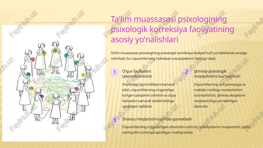 aratish. - bu usul qo'llar orqali hissiyotlarni ifodalash va psixologik taranglikni yo'qotishga yordam beradi. 3. kollaj yaratish (collage making) - turli xil rasmlar, matnlar va materiallarni birlashtirib, yangi kompozitsiya yaratish. - bu usul fikrlashni rag'batlantiradi va yashirin hissiyotlarni ochib beradi. fototerapiya (photo therapy) - fotografiyalar yordamida hissiyotlarni ifodalash va ularni tahlil qilish. - bu usul xotiralarni qayta ko'rib chiqish va ularni yangi nuqtai nazardan ko'rishga yordam beradi. 5. drama va teatr san'ati (drama va theater arts) - rollarni o'ynash, improvizatsiya yoki teatr spektakllari orqali hissiyotlarni ifodalash. - bu usul ijtimoiy ko'nikmalarni rivojlantirish va o'zini anglashga yordam beradi. 6. musiqa terapiyasi (music therapy) - musiqa yaratish yoki tinglash orqali hissiyotlarni ifodalash. - bu usul ruhiy holatni yaxshilash va stressni kamaytirishga yordam beradi. 7. raqs va harakat terapiyasi (dance va movement therapy) - harakatlar va raqs orqali hissiyotlarni ifodalash. - bu usul jismoniy va ruhiy taranglikni yo'qotishga yordam beradi. 8. yozuv terapiyasi …
