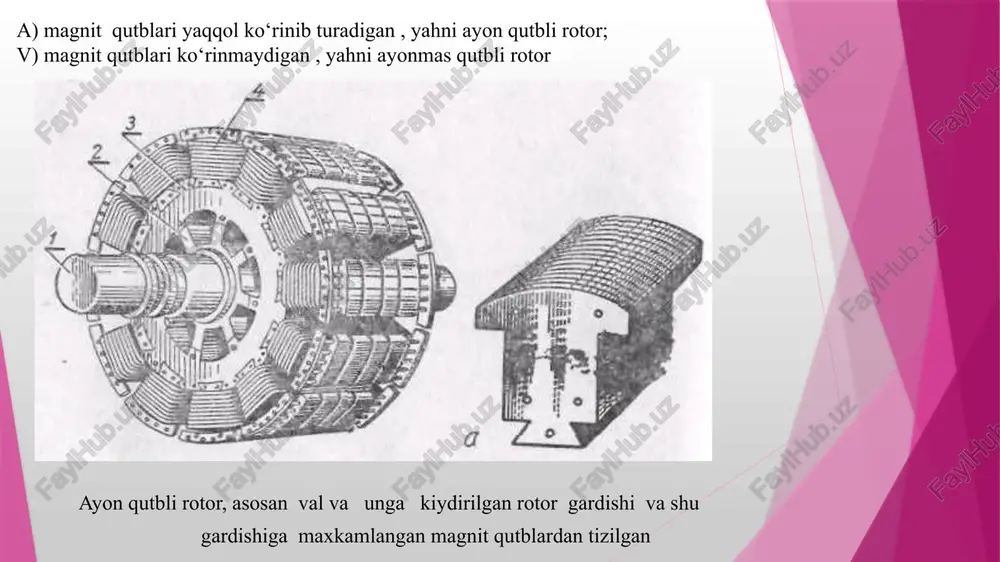 oni bilan mashinaning magnit maydoni orasidagi burchakni o‘zgartiradi, lekin uning sinxron tezligi o‘zgarmaydi. bu xolni mashinaning soddalashtirilgan vektorlar diagrammasini qurish bilan asoslaymiz. buning uchun ut kuchlanish vektorini biror tomonga, masalan , o nuqtasidan ordinata o‘qi bo‘yicha pastga yo‘natirib chizamiz.(174 rasm). bu kuchlaninsh yakorda mashinaning asosiy magnit oqimi hosil qiladigan e.yu.k. e0 ning bir qismi u’ bilan muvozanatlashadi. u’ vektori tarmoq kuchlanishi vektoriga teng va unga nisbatan qarama-qarshi tomonga yo‘nalgan holda chiziladi. agar cho‘lg‘amning aktiv qarshiligidagi kuchlanishning pasayishini etiborga olinmasa, generatorning e.yu.k.si tarmok kuchlanishi u’ hamda cho‘lg‘amning (xc) induktiv qarshiligiga proporsional kuchlanish pasayishi bilan to‘la muvozanatlashadi. yahni, hosil bo‘ladi. ilgari aytilganidek birlamchi motor sinxron generatoriga p1 quvvatni beradi. bu quvvatning bir qismi mashinada mexanik isrofga pmex magnit isrofga pmag hamda qo‘zg‘atish zanjiridangi isrofga pqo‘z sarflanadi. qolgan quvvat yahni elektromagnit quvvat mashinaning magnit maydoni vositasida statorga uzatiladi. stator cho‘lg‘amida yuk toki o‘tganda quvvatning bir qismi unda elektr isrofga pe1 sarflanadi. generatordan olinadigan …