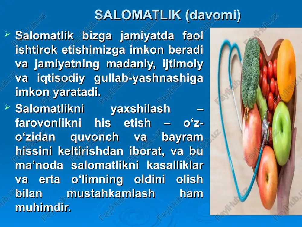 shini nazorat qilish o‘ta moylanib ketmasligini nazorat qilish vaqti-vaqti bilan yuvib turish parvarish qilish vositalari qatoriga toza suv, shampun, sovun, krem (maz’, loson) lardan foydalaniladi. og‘iz bo‘shlig‘i va tishlar gigiyenasi parvarish qiladigan vositalarni to‘g‘ri tanlash og‘iz bo‘shlig‘ini parvarish qilish vositalarini 3 ta guruhga bo‘linadi: -mexanik vositalar – qattiq ovqatli moddalarni chaynash, tish cho‘tkalaridan foydalanish, tish oralarini tozalagichlari -fizik-mexanik vositalar – tish yuvish poroshogi va tish yuvish pastalari sog‘lom tishlar uchun oddiy gigienik tish yuvish pastalarining o‘zi kifoya qiladi, og‘iz bo‘shlig‘i va tishlarda kasalligi bor bo‘lgan shaxslar uchun davolovchi-profilaktik pastalardan foydalanish tavsiya qilinadi. profilaktik tish pastalari tarkibiga ftor, kalsiy va boshqa mikro va makro elementlar qo‘shiladi ovqatlanish piramidasi sog‘lom ovqatlanish – organizmning me’yoriy o‘sishi va rivojlanishi, uzoq faol hayot kechirishi, salomatligini mustahkamlovchi hamda kasalliklarga kurashish qobiliyatini oshiruvchi sog‘lom turmush tarzining eng asosiy omillaridan biri hisoblanadi. 10 ta kasallik va o‘lim sabablaridan 6 tasi bevosita noto‘g‘ri ovqatlanish bilan bog‘liq: - semirish - …