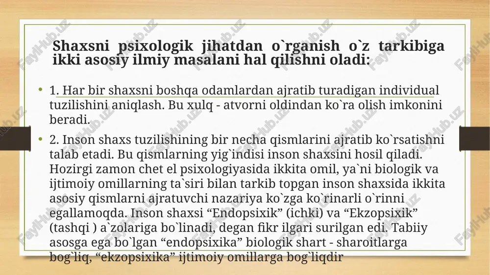 talarning xatti -harakatlariga taqlid qilish orqali o`ynaydi. ijtimoiy muhitning shaxs shakllanishiga ta`siri kuchli. masalan, yangi tug`ilgan bolani hayvonlar orasiga qo`shib qo`yilsa xatti - harakatlari hayvonlarnikiga o`xshaydi. bola tili ham ijtimoiy muhitga bog`liq. shaxsning malaka va odatlari har bir odam bilish, eshitish bilan birga malaka va odatlarni egallaydi. malakalar bir necha xil bo`ladi (yozish, o`qish, yurish, musiqa chalish, sport va h. k.) maqsadni ko`zlab biror ishni bajarish malakaga bog`liq. malaka deb, avval ongli bajarilib keyinchalik avtomatlashgan xatti -harakatlarga aytiladi. istalgan malakani qayta -qayta takrorlash natijasida hosil qilish mumkin. malakalar sodda va murakkab bo`lishi mumkin. masalan, mashina haydash, musiqa chalish, kasb egallash murakkab malaka, mix qoqish, o`tin arralash sodda malaka hisoblanadi. malakalarni mashq qilish natijasida egallanadi. shaxsda malakadan tashqari odatlar ham bo`ladi. odat kishi qalbiga chuqur o`rnashib, uning ehtiyojiga aylanib qolgan harakatlardir malaka va odatlarning nerv - fiziologik asoslarini shartli reflekslarning hosil bo`lish mexanizmi tashqil qiladi. bu shartli refleks oddiy emas, balki …