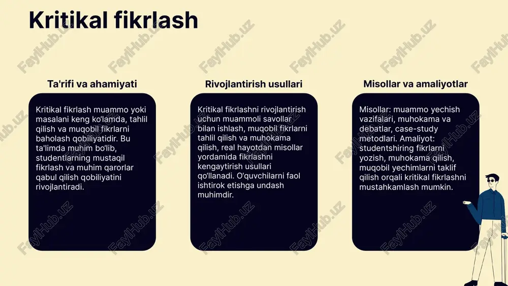 ashinuvi, muammo yechish va jamoaviy ishlarga imkon yaratadi. bu usullar orqali yaratiladigan muhit kreativ fikrlash va muammo hal qilish ko'nikmalarini rivojlantiradi, 4k modelining kritikal va ijodiy fikrlash komponentlariga xizmat qiladi. photo by linkedin sales solutions on unsplash kommunikatsiya ko'nikmalarini rivojlantirish kommunikatsiya ko'nikmalarini rivojlantirish amaliy ta'lim jarayonida muhim ahamiyat kasb etadi. ularni oshirish uchun interaktiv mashg'ulotlar, guruh ishlari, munozaralar, texnologiyalardan foydalanish va rolli o'yinlar kabi usullar keng qo'llaniladi. bu usullar o'quvchilarga o'z fikrlarini ishonch bilan ifoda etishni va faol tinglash ko'nikmalarini rivojlantirishni ta'minlaydi. natijada, ular nafaqat bilimlarni mustahkamlashadi, balki jamiyatda samarali muloqot qilish uchun tayyorlanadi. yaratilish jarayonida 4k modeli 4k modeli yaratilish jarayonida muhim rol o‘ynaydi, u o‘quvchilarning ijodkorligini rivojlantiradi va muammo yechish qobiliyatlarini oshiradi. misollar: loyiha asosida ish yuritish va vazifa bajarish. bu model mustaqil fikrlash va muammo yechish ko‘nikmalarini rivojlantiradi. photo by teddy o on unsplash ta'lim sifatini baholash 4k modeli ta'lim sifatini baholashda muhim rol o'ynaydi, chunki u …