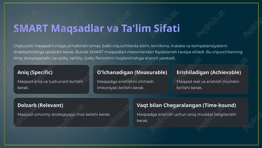 tizimli fikrlashga, ziddiyatlarni topish va ularni yechim yo'llarini izlashga o'rgatadi. muammoni qo'yish aniqlangan muammoli vaziyatni shakllantirish. ma'lumot to'plash muammo haqidagi ma'lumotlar fondini yig'ish. ma'lumotni qayta ishlash ma'lumotlar fondini qayta ishlash va yechim modelini aniqlash. zidlikni aniqlash yangi ma'lumotlar va yechim modeli o'rtasidagi zidlikni topish. yechim topish zidlikni yechimini topish va yangi yechim modelini yaratish. 9 steam loyihalari: geron favvorasi steam ta'limi asosida tashkil etiladigan loyihalar o'quvchilarga nazariy bilimlarni amaliyotda qo'llash imkonini beradi. "tutash idishlarning turmushda va texnikada qo'llanilishi" loyihasi bunga yorqin misoldir. ushbu loyiha orqali o'quvchilar fizika fanidan "tutash idishlar", "paskal qonuni", "gaz va suyuqliklarda bosim" boblarini mustahkamlaydilar va geron favvorasini yasashni o'rganadilar. nazariy qism fizika qonunlarini o'rganish. konstruksiyalash favvora yasash uchun materiallarni tayyorlash. namoyish favvoraning ishlashini ko'rsatish. hisobot loyihada qilingan ishlar bo'yicha taqdimot tayyorlash. 10 image1.jpeg image2.jpeg image3.png image4.png image5.png image6.png image7.png image8.png image9.png image10.png image11.png image12.png image20.png image13.png image14.png image15.png image16.png image17.png image18.png image19.png dk