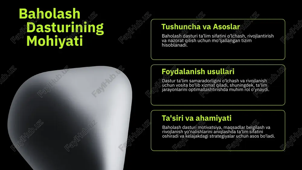 ahlil qilishda yordam beradi. dasturdan foydalanish ta'lim samaradorligini oshiradi, metodlarni takomillashtiradi va o'quvchilarning bilim darajasini baholash imkonini beradi. kelajakda baholash dasturi dasturning kelajak istiqbollari ta'lim sifatining oshishini ta'minlash uchun yangi texnologiyalar va metodlarni joriy etishni nazarda tutadi. innovatsiyalar, masalan, sun'iy intellekt va ma'lumotlar tahlili yordamida baholash jarayonlari yanada aniq va shaffof bo'lishi mumkin. o'zbekiston ta'limida yangi imkoniyatlar kengaymoqda: onlayn baholash platformalari, mobil ilovalar va individual yondashuvlarni rivojlantirish orqali ta'lim sifatini oshirishga intilmoqda. bu esa, yoshlar uchun keng imkoniyatlar va raqobatbardosh kadrlar tayyorlash imkonini yaratadi. kelajakda baholash dasturi ta'lim tizimining asosiy qismi sifatida, mahalliy va xalqaro standartlarga muvofiq ravishda, shaxsiy va ijtimoiy rivojlanishni ham hisobga olgan holda, rivojlanadi. bu esa, ta'lim samaradorligini oshirishda muhim rol o'ynaydi. 1 2 3 talis dasturining ta'lim sifatiga ta'siri talis dasturining ta'lim sifatini oshirishdagi roli talis dasturi ta'lim sifatini oshirishda pedagoglar, o'qitish metodlari va muhitni baholash orqali jarayonni yaxshilashga yordam beradi. bu xalqaro miqyosda ta'lim sifatini …