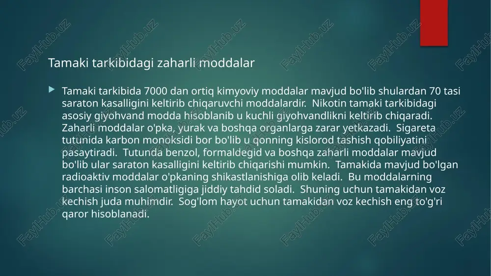 chekishning oldini olish sog'lom turmush tarzi tamakidan voz kechishga yordam beradi. sport bilan shug'ullanish organizmni mustahkamlaydi. to'g'ri ovqatlanish organizmga kerakli vitaminlar va minerallarni beradi. yaxshi uxlash organizmni dam olishga imkon beradi. stressni boshqarish immunitet tizimini mustahkamlaydi. yomon odatlardan voz kechish sog'liqni saqlashga yordam beradi. yaxshi kayfiyat va ijobiy fikrlash sog'liq uchun foydalidir. sog'lom turmush tarzini tanlash uzoq va baxtli hayot kechirishga yordam beradi. sog'lom turmush tarzini olib borish har bir inson uchun juda muhimdir. sog'liq boylikdan ham qimmatlidir. sog'lom turmush tarzini tanlash davlat tamaki chekishning oldini olishda muhim rol o'ynaydi. tamaki mahsulotlariga soliqlarni oshirish kerak. jamoat joylarida tamaki chekishni taqiqlash kerak. tamaki chekishning salbiy oqibatlari haqida targ'ibot ishlarini olib borish kerak. tamaki chekishdan voz kechish uchun dasturlarni ishlab chiqish kerak. davlat tamaki sanoatini tartibga solishi kerak. davlatning sa'y-harakatlari tamaki chekish darajasini pasaytirishga yordam beradi. davlatning roli tamaki chekishning oldini olishda hal qiluvchi ahamiyatga ega. sog'lom jamiyat yaratish uchun davlatning roli …