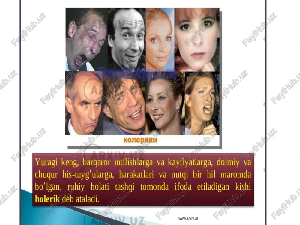 liklar va ko’ngilsizliklami nisbatan engil o’tkazib yuboruvchi, jonli, harakatchan, ifodali mimikasi va harakatlari bo‘lgan kishi sangvinik deb ataladi. ta'sirchan, ugur kechinmali, gap _ ko’tara olmaydigan, ‘ammo\atrofdagi vogealarga unchalik e’tibor b ydigan, o’zini to’htata oladigan 23:46 |0,4kb/sn bl & soll wall g25) x @ temperament ml oe ; arxiv.uuz ta'sirchan, -chugur kechinmali, gap _ ko’tara olmaydigan, ‘ammo\atrofdagi vogealarga unchalik e’tibor b ydigan, o’zini ee oladigan ! i digan v i menahxonnkun peegt habarga hotirjamlik bilan wunicea hatte bo'ladi. aslida odamlarmi to'rtta tip-buyicha taqsimlash mumkin emasligi tushunarli. temperamenthing turli-tumanligi to’risidagi masala fanda hali batafsil hal qlinga) 23:46 |1,9kb/sn bs & foal atl gs) x &@ temperament ml rd : arxiv.uz / ; kk i havt ij 1 al ‘ is bi mel z a" - ; y, f al hagidagi habarga hotirjamlik bilan rnunosabatda bo'ladi. aslida odamlami _to’rtta tip.buyicha taqgsimlash mumkin emasligi tushunarli. temperamenthing turti-tumanligi to'risidagi masala fanda hali batafsil hal gilingan …
