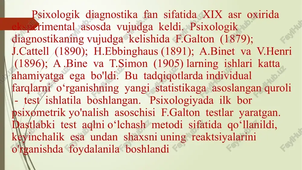 al o‘zgarishlarni aniqlash. 4.shaxs xususiyatlari rivojlanish dinamikasi va qonunlarini tahlil qilish asosida uning rivojlanish perspektivasini aniqlash. 5.tekshirilgan kishilar yoki guruhni kelgusida rivojlanishda erishilgan natijalami hisobga olgan holda differensial tarzda ish olib borish uchun kategoriyalarga ajratish. 6.1ndivid yoki guruhning (u yoki bu ishni bajarish, masalan, o‘z xizmat vazifalarini bajarishga) kasbiy tayyorgarligini, layoqat- liligini aniqlash. 7.1ndivid yoki guruh psixologiyasi va xulq-atvorini psixokorreksion ishlarni olib borish maqsadida o‘matilgan tibbiy, ijtimoiy normalarga mos yoki mos emasligini aniqlash. 8. individ yoki guruhga hayotiy yo'lini (kasb,umr yo‘ldoshi) tanlash maqsadida tavsiyalar ishlab chiqish. psixologik maslahat berish amaliyotida normal taraqqiyot korreksiyasi nonormal taraqqiyot korreksiyasidan farqlanadi. normal taraqqiyotda tuzatishning mazmuniga ko`ra quyidagi turlari ajratiladi: aqliy taraqqiyot korreksiyasi, shaxs taraqqiyoti korreksiyasi, salbiy holatlarning oldini olish korreksiyasidir. psixolog ishida korreksion vazifalarni yechish maqsadida psixologik yordamni tashkil etishga bog`liq ravishda uning turini ko`rsatish mumkin: madaniy oqartuv ishlari, maslahat-tavsiyalar berish, individual va guruhiy korreksiya. madaniy oqartuv ishlari − ota-onalar, tarbiyachilar, o`qituvchilarga mo`ljallangan bo`ladi. …