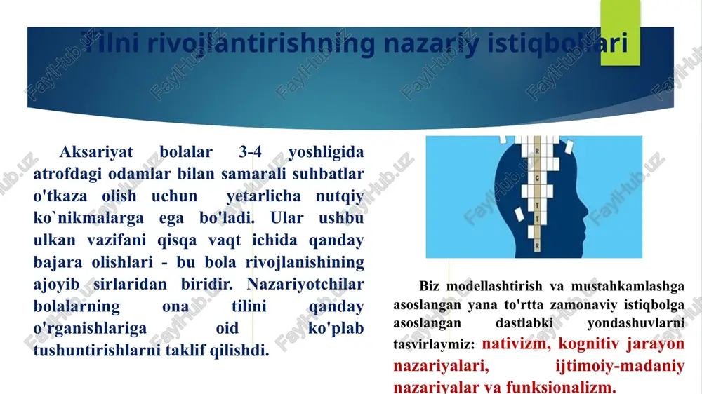 . bolalar 16 oydan 18 oygacha bo'lgan vaqtga kelib, lug`at boyligi 50 ta so'zga teng bo`ladi. ikkinchi yilning oxiri yoki uchinchi yilning boshlarida so'zlashuvda portlash sodir bo'ladi, bolalar oyiga 30 dan 50 tagacha yangi so'zlardan foydalanadilar va keyinchalik har kuni 20 tagacha yangi so'zlarni o`zlashtira boshlaydilar 6 yoshida bolalarning semantik bilimlari odatda 8000 dan 14000 gacha so'zlarni o'z ichiga oladi, ulardan o'z nutqlarida taxminan 2600 tasidan foydalanadilar. oltinchi sinfga kelib, ular eshitish va o'qish orqali o'rtacha 50.000 so'zni tushunishadi, ammo bu so'zlarni kontekstda mos ravishda qo`llay olmaydilar. o'rta maktabda u taxminan 80000 so'zni o'z ichiga oladi. bolalar ishlatishi va tushunishi mumkin bo'lgan so'zlar sonining keskin ko'payishi semantik rivojlanishning eng aniq jihati hisoblanadi. tushunish har doim ham talaffuzdan oldin turadi. tilni rivojlantirishni o'rganadigan psixologlar tez-tez tilni qabul qilish va ifodalash qobiliyatlarini farqlaydilar. qabul qiluvchi til - bu eshitgan va o'qigan narsalarini tushunish qobiliyatidir. boshqacha qilib aytganda, bu tilni tushunishni o'z ichiga …
