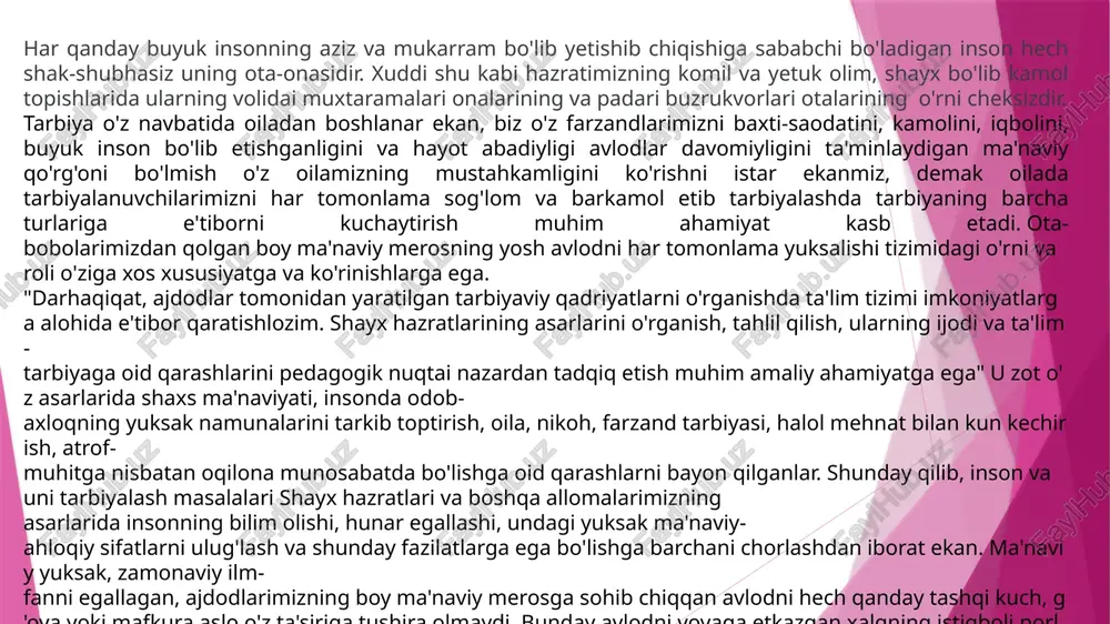 uz niyat, ixlos va ilm kitobi; 4-juz poklik kitobi; 5-juz namoz kitobi-1; 6-juz namoz kitobi-2; 7-juz namoz kitobi-3; 8-juz zakot kitobi; 9-juz roʻza kitobi; 10-juz haj va umra kitobi; 11-juz savdo, ziroat va vaqf kitobi; 12-juz faroiz va vasiyat kitobi; 13-juz nikoh, taloq va idda kitobi; 14/15-juzlar qasamlar, nazrlar va ov kitobi; 16/17-juzlar taom, sharob va libos kitobi; 18-juz tib va dam kitobi; 19-juz olamlarga raxmat paygʻambar; 20-juz anbiyolar qissasi; 21-juz abu bakr va umar roziyallohu anhumo; 22-juz usmon va ali ibn abu tolib roziyallohu anhumo; 23-juz jannat bashorat berilganlar va ahli bayt; 24-juz peshqadamlar roziyallohu anhum; 25-juz nubuvvat xonadoni xonimlari; 26-juz ansorlar roziyallohu anhum; 27-juz axyorlar va diyorlar fazli; 28-juz tafsir kitobi; 29-juz tafsir, tush va masallar kitobi; 30-juz qurʼon fazilatlari kitobi; 31-juz siyar va magʻoziylar kitobi; 32-juz fitnalar va qiyomat alomatlari kitobi; 33-juz siyar va magʻoziylar kitobi; 34-juz yaxshilik va axloq kitobi; 35-juz duolar, zikrlar, istigʻfor va tavba; …