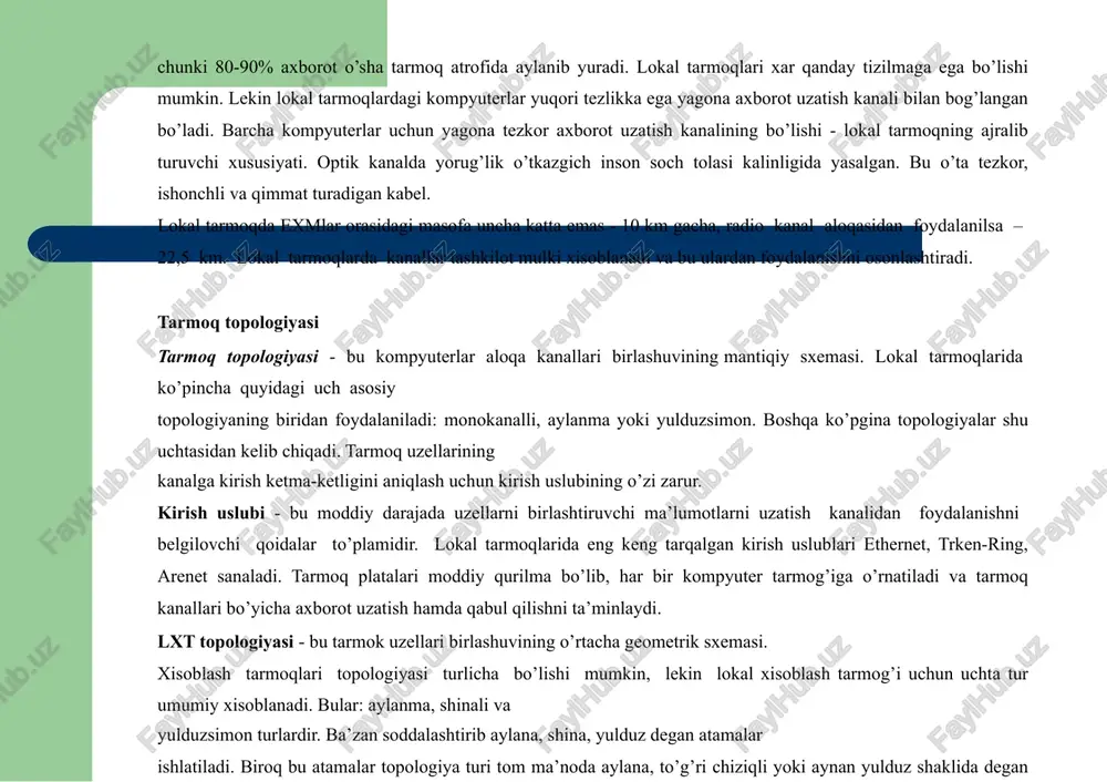 i topologiya tarmog’i aloxida uzellarning buzilish extimolligiga chidamli. ushbu turdagi topologiya tarmog’i xozirchi kunda joriy etilgan. shuni ta’kidlash lozimki, ularning ko’lami kichkina va bir tarmoq doirasida turli xildagi kabeldan foydalanish imkonini beradi. tarmoqni tashkil etishni texnik vositalari. bizga ma’lumki, lokal tarmoq tashkil qilish uchun eng zaruriy qurilmalar: tarmoq kartasi, kabellar hub switch) va dasturiiy ta’minotdir. tarmoqlarni tashkil etishda quyidagi texnik vositalar majmui (yoki bizga zarur bo’ladi. tarmoq platasi, tarmoq kabeli, tarmoq platasining mavjudligi bilan biz tarmoqni tashkil etishimiz mumkin bo’ladi. chunki tarmoq platasining vazifasi asosiy plata bilan tashqi qurilma (kabel, hub yoki switch) o’rtasidagi vositachi. ya’ni kelayotgan signalni qabul qilib asosiy plataga o’tkazish yoki aksincha asosiy platadan chiqayotgan signalni tashqariga uzatish uchun xizmat qiladi. tarmoq kartasi drayverini aksariyat operatsion sistemalarning o’zi avtomatik ravishda o’rnatadi. odatda bitta hub yoki switch orqali 8, 16, 32 tagacha foydalanuvchi lokal tarmoqga ulanishi mumkin. lekin hub va switch orqali ulanishlar soni albatta chegaralangan bo’ladi. shu …