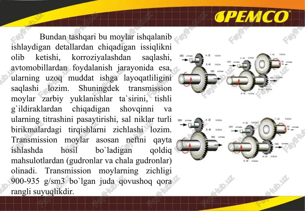 yoki oltingugurt va fosforli birikmalardan foydalaniladi. transmission moylarning konstruksion materiallarga ta’siri davlat standartlari asosida baholanadi. transmission moylarning qovushqoqlik va harorat xossalari traransmission moylarning ekspluatatsion xususiyatlarini belgilovchi asosiy ko‘rsatkichdan biri uning qovushoqligidir. bu xususiyat transmissiya agregatlarining foydali ish koeffitsiyentiga va avtomobilning o‘rnidan qo‘zg‘alish imkoniyatiga jiddiy ta’sir ko‘rsatadi. transmission moyning qovushoqligi yuqori yuklanishdagi sirpanib ishlayotgan detallar ish sirtlarida moy qatlamini hosil qilishda muhim ahamiyatga ega . yeyilish va tirnalishga qarshi qo‘shilmalar qo‘shilgan tranmission moylar qovushoqligining past bo‘lishi transmissiya agregatlari karterlarining zachlanishining ishonchli bo‘lishini ta’minlaydi. salnik va boshqa zichlagichlarning holati yaxshi bo‘lganida moyning qovushoqligini 5 mm2/s gacha pasaytirish mumkin. o‘rtacha ish haroratlarida moy qovushoqligi, agregatdagi ichki ishqalanishlarni yengishga sarflanadigan energiya yo‘qotilishi agregatning foydali ish koeffitsiyentini kamaytirishga olib keladigan miqdordan ortib ketmasligi lozim. eng past ish haroratlarida esa moy qovushoqligi avtomobillarning o‘rnidan bemalol qo‘zg‘alishiga, ya’ni agregatlarini qizdirmay ishga tushirishga imkon berishi lozim. bu ko‘rsatkich har bir avtomobildagi agregatlar soni va ularning konstruksion xususiyatlariga va …