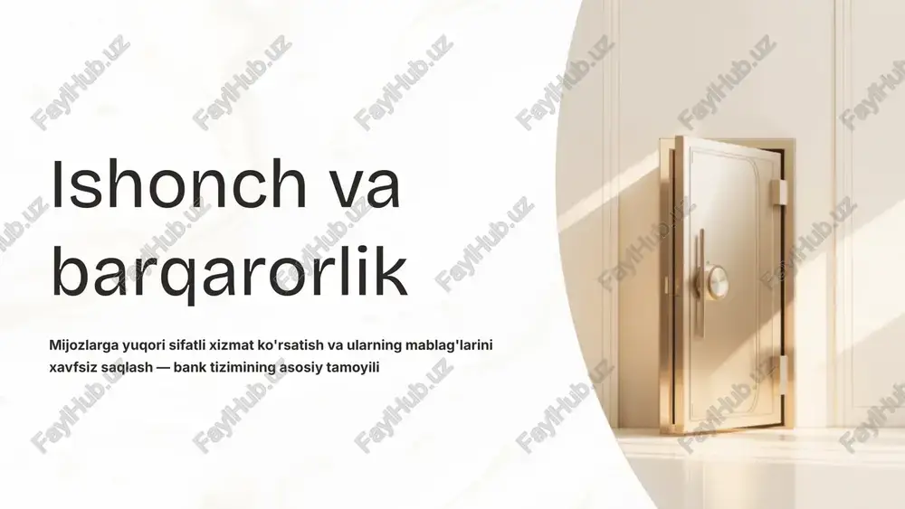 ar va yechimlar muammolar foiz stavkalari o'zgaruvchanligi foiz stavkalarining tez-tez o'zgarishi mijozlarning noaniqligi va ishonchsizligiga olib keladi banklararo raqobat kuchli raqobat sharoitida depozitlarni jalb qilishdagi qiyinchiliklar va mijozlar tanlovining murakkabligi texnologik muammolar ba'zi mijozlarning raqamli xizmatlarga moslashuvidagi qiyinchiliklar yechimlar innovatsion yechimlar zamonaviy texnologiyalar va raqamli bank xizmatlarini joriy etish orqali jarayonlarni soddalashtirish shaffoflik va axborot mijozlarni to'liq axborot bilan ta'minlash va shaffof siyosat yuritish o'qitish dasturlari moliyaviy savodxonlikni oshirish va mijozlarni yangi texnologiyalar bilan tanishtirishga yo'naltirilgan dasturlar o'zbekiston banklarida depozit siyosatining kelajagi raqamli transformatsiya raqamli bank xizmatlarini kengaytirish, sun'iy intellekt va blockchain texnologiyalarini joriy etish orqali mijozlarga yanada qulay va xavfsiz xizmatlar taqdim etish. yangi mahsulotlar yangi depozit mahsulotlari va xizmatlarni ishlab chiqish, mijozlarning o'zgaruvchan ehtiyojlariga javob beruvchi moslashuvchan yechimlar taklif etish. shaxsiylashtirilgan yondashuv mijozlar ehtiyojlariga moslashgan shaffof siyosat yuritish, individual moliyaviy rejalashtirish va maslahat xizmatlarini takomillashtirish. xalqaro integratsiya xalqaro standartlarga mos bank xizmatlarini rivojlantirish va global moliyaviy tizimga yanada …