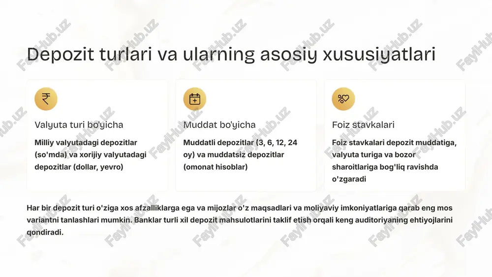 qilishdagi muhim rol kreditlash hajmini oshirish kreditlash hajmini oshirish va iqtisodiy o'sishga ko'maklashish moliya bozori rivojlanishi moliya bozorining rivojlanishi va ishonch muhitining shakllanishi ijtimoiy barqarorlik aholining moliyaviy savodxonligi va jamg'arma madaniyatining o'sishi depozit siyosati iqtisodiyotning barcha sohalariga ta'sir qiladi va davlat moliyaviy barqarorligini ta'minlashda muhim vosita hisoblanadi. depozit siyosatida yuzaga keladigan muammolar va yechimlar muammolar foiz stavkalari o'zgaruvchanligi foiz stavkalarining tez-tez o'zgarishi mijozlarning noaniqligi va ishonchsizligiga olib keladi banklararo raqobat kuchli raqobat sharoitida depozitlarni jalb qilishdagi qiyinchiliklar va mijozlar tanlovining murakkabligi texnologik muammolar ba'zi mijozlarning raqamli xizmatlarga moslashuvidagi qiyinchiliklar yechimlar innovatsion yechimlar zamonaviy texnologiyalar va raqamli bank xizmatlarini joriy etish orqali jarayonlarni soddalashtirish shaffoflik va axborot mijozlarni to'liq axborot bilan ta'minlash va shaffof siyosat yuritish o'qitish dasturlari moliyaviy savodxonlikni oshirish va mijozlarni yangi texnologiyalar bilan tanishtirishga yo'naltirilgan dasturlar o'zbekiston banklarida depozit siyosatining kelajagi raqamli transformatsiya raqamli bank xizmatlarini kengaytirish, sun'iy intellekt va blockchain texnologiyalarini joriy etish orqali mijozlarga yanada qulay …