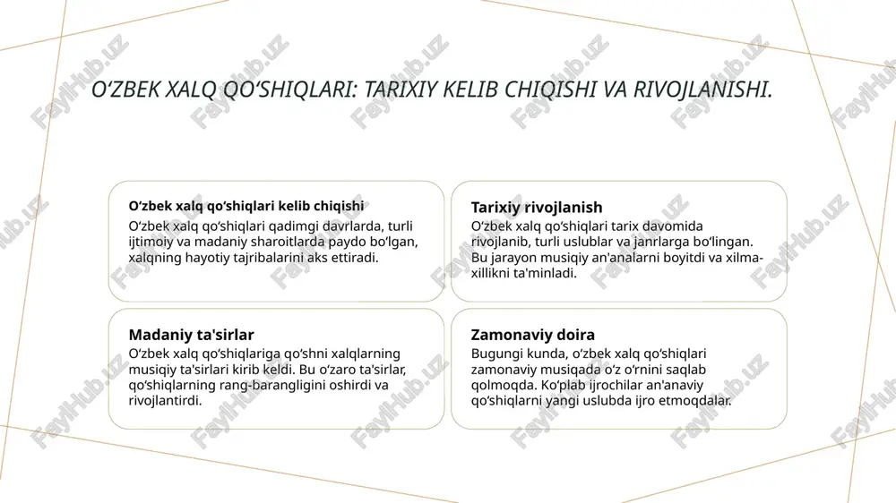 qlarining musiqiy tuzilishi, asosan, melodiya, ritm va harmoniyadan iborat bo‘lib, ular o‘zaro ahamiyatga ega. 02 melodiya va ritm lirik qo‘siqlarda melodik chiziqlar ko‘pincha oddiy va yodda qoladigan bo‘lib, ritmik tuzilish esa o‘ziga xos his-tuyg'ularni ifodalaydi. 03 harmoniyalarning roli o‘zbek lirik qo‘shiqlarda harmoniyalar ko‘plab turli ovozlar va instrumental hissiyotlarni birlashtirib, musiqaning chuqur ifodaliligini ta'minlaydi. to‘y marosimlaridagi lirik qo‘shiqlarning o‘rni. to‘y marosimlaridagi lirik qo‘shiqlar, mehmonlarni birlashtirib, o‘zaro his-tuyg'ularni ifodalaydi. ular, asosan, sevgi, baxt va oilaviy qadriyatlar haqida bo‘lib, to‘y jarayonini yanada go‘zallashtiradi. lirik qo‘shiqlar, shuningdek, kelin va kuyovning hissiyotlarini kuchaytiradi. photo by hasan almasi on unsplash xalq allalari va lirik qo‘shiqlarda madaniy meros. 1 xalq allalari o‘zbek xalq allalari, bolalarni tinchlantirish va ularni uyquga tayyorlash uchun ishlatiladi. bu qo‘shiqlar, an'anaviy madaniyatning ajralmas qismidir. 2 lirik qo‘shiqlar lirik qo‘shiqlar, inson his-tuyg'ularini ifoda etadi. ular sevgi, qayg'u va baxtni aks ettiradi, shuningdek, xalqning tarixiy tajribalarini saqlaydi. 3 madaniy meros xalq allalari va lirik qo‘shiqlar, …