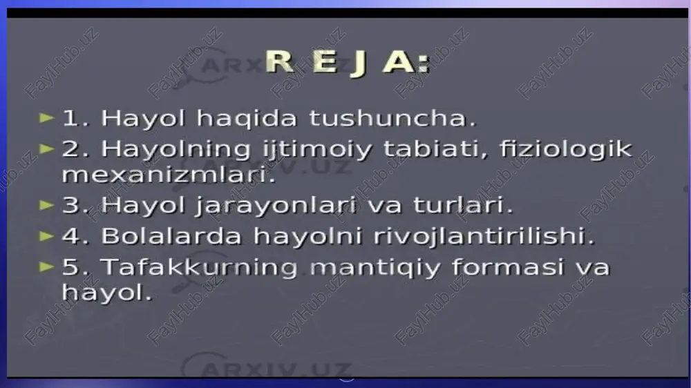 aks etadi tasavvur hayolideb hiozir yok! o-tmishda astida bo lgan bo leade, lekin bizning tajribamizda hall uchramagan va biz idrok qilmegan nersa va hodiseler to 9 risida tasawur va pbraclar yaratishien iborat bo'igan havol turiga avtiadi hayol yoki fantaziya, tafakkur kabi, yuksak bilish jarayonlari qatoriga kirib, kishining 0° ziga xos insoniy xarakterga ega bo igan faoliyatilarida namayon bo ladi. mehnatning tayer natijasini hayolga keltirmay turib, ishga kirishib bo imaydi. istalgan mehnat jarayoni nye :