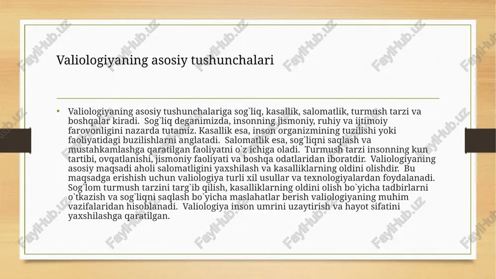 muassasalarida valiologiya bolalar va o`smirlarning sog`lom turmush tarzini shakllantirishga qaratilgan. sportda valiologiya sportchilarning salomatligini mustahkamlash va jarohatlardan himoya qilishda qo`llaniladi. bundan tashqari, valiologiya ishlab chiqarish korxonalarida, mehnat sharoitlarini yaxshilash va ishchilarning sog`ligini saqlashda qo`llaniladi. valiologiya yutuqlari jamiyat salomatligini yaxshilash va insonlarning umrini uzaytirishga katta hissa qo`shadi. valiologiya amaliyotini kengaytirish uchun yangi usullar va texnologiyalar qo`llanilmoqda. valiologiyaning amaliy qo`llanilishi sog`lom turmush tarzini shakllantirish valiologiyaning asosiy vazifalaridan biridir. sog`lom turmush tarziga to`g`ri ovqatlanish, jismoniy tarbiya va ruhiy sog`liqni saqlash kiradi. to`g`ri ovqatlanish organizm uchun zarur bo`lgan vitaminlar va minerallarni ta`minlaydi. jismoniy tarbiya esa, organizmning chidamliligini va immunitetini oshiradi. ruhiy sog`liqni saqlash esa, stress va depressiyadan himoya qiladi. sog`lom turmush tarzini shakllantirish uchun odamlarning sog`liqni saqlash bo`yicha bilim va ko`nikmalarini oshirish kerak. sog`lom turmush tarzini targ`ib qilish bo`yicha keng miqyosli tadbirlar amalga oshirilmoqda. aholi orasida sog`liqni saqlash bo`yicha bilimlarni oshirishga qaratilgan ishlar olib borilmoqda. sog`lom turmush tarzini shakllantirish insonlarning umrini uzaytirish va hayot …