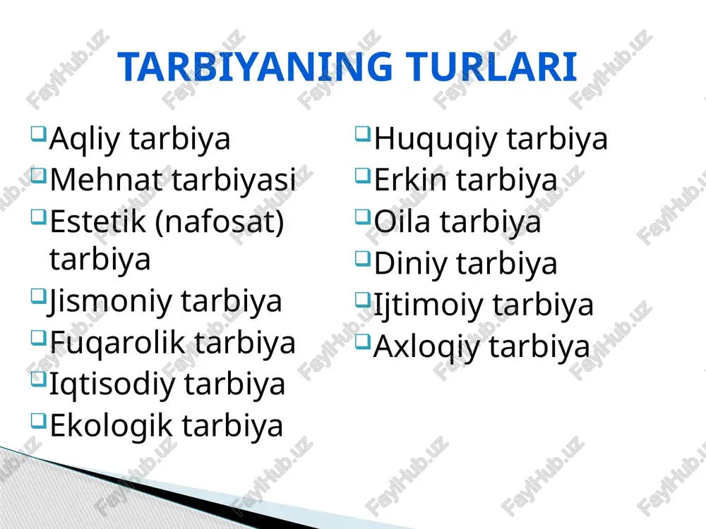 hi komil insonni tarbiyalash asrlar davomida tarbiyaning yetakchi maqsadi bo’lib kelgan: - tarbiyaning dialektik xususiyati; - tarbiya va o’z-o’zini tarbiyalashning birligi; - tarbiya va shaxs rivojlanishining o’zaro bog’liqligi; - tarbiya jarayonining ham ikki tomonlama xususiyatga ega ekanligi; - tarbiyaning maqsadi, vazifalari, mazmuni, shakl va metodlarining o’zaro bog’liqligi; - tarbiyaning maqsad, vositalari va natijalari o’rtasida bog’liqlik bor; - tarbiya jarayonida shaxs va jamoaning o’zaro bog’liqligi va boshqalar. komil insonni tarbiyalash asrlar davomida tarbiyaning yetakchi maqsadi bo’lib kelgan: - tarbiyaning dialektik xususiyati; - tarbiya va o’z-o’zini tarbiyalashning birligi; - tarbiya va shaxs rivojlanishining o’zaro bog’liqligi; - tarbiya jarayonining ham ikki tomonlama xususiyatga ega ekanligi; - tarbiyaning maqsadi, vazifalari, mazmuni, shakl va metodlarining o’zaro bog’liqligi; - tarbiyaning maqsad, vositalari va natijalari o’rtasida bog’liqlik bor; - tarbiya jarayonida shaxs va jamoaning o’zaro bog’liqligi va boshqalar. tarbiya printsiplari deb, tarbiyaning umumiy qonuniyatlarini o’zida aks ettiruvchi, tarbiyachi tarbiyaviy ishda amal qilishi zarur bo’lgan asosiy qoidalarga aytiladi. …